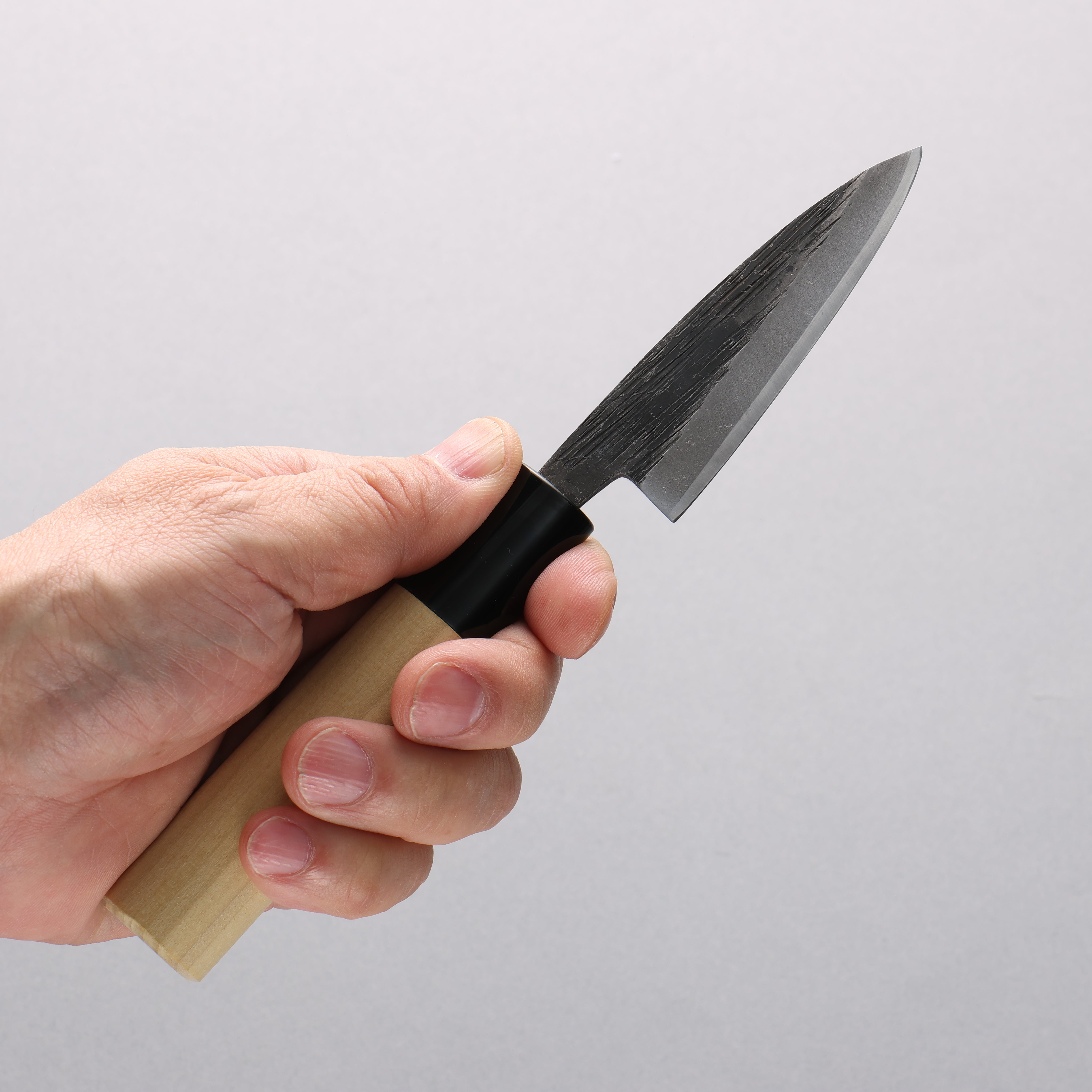 Sakai Takayuki Blue Steel No.2 Kurouchi Vertical Stripe Ajikiri 75mm Magnolia Handle - Seisuke Knife