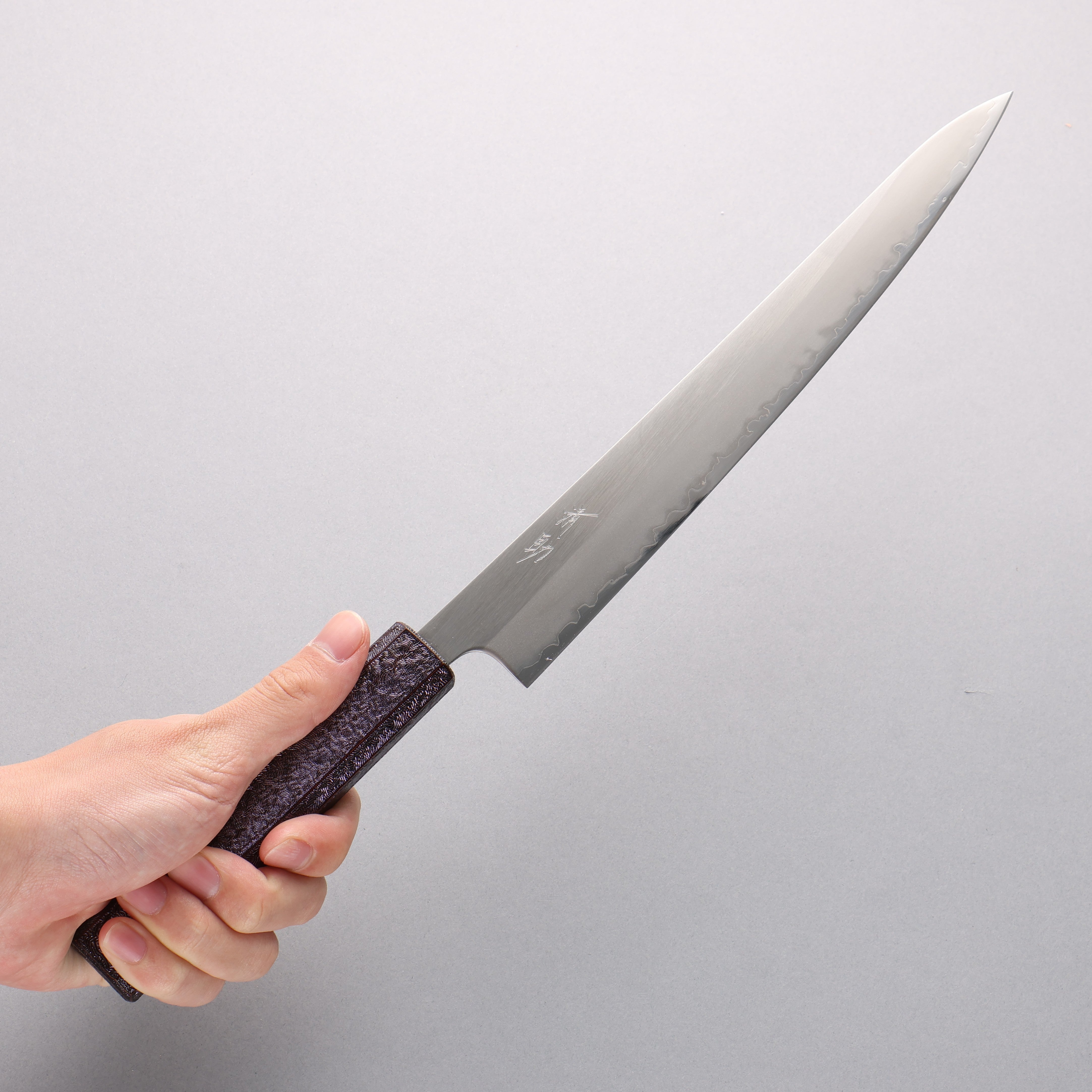 Seisuke White Steel No.1 Migaki Polish Finish Sujihiki 240mm Oak with Purple Lacquer Handle - Seisuke Knife