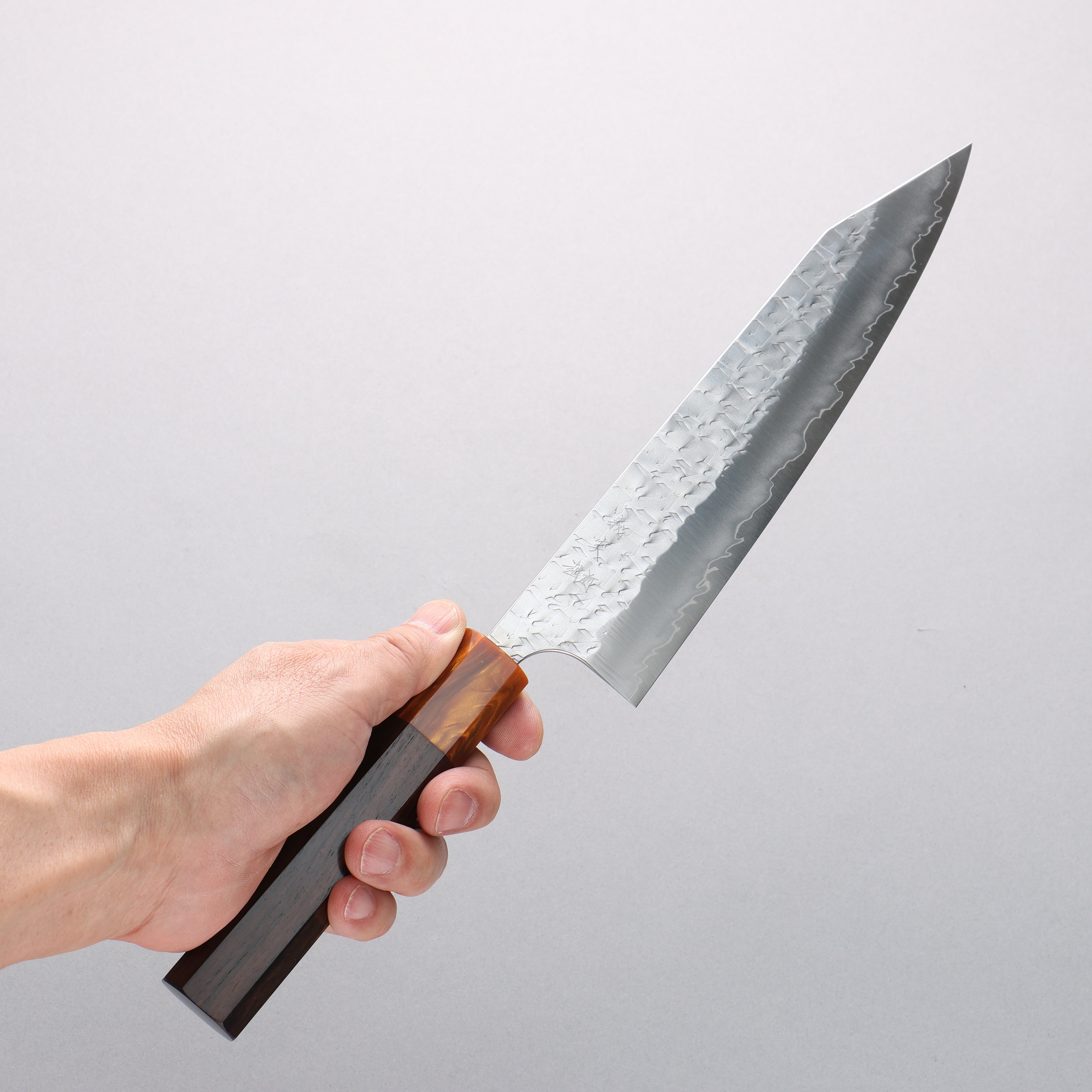 Yoshimi Kato Hyo SG2 Hammered Kiritsuke Gyuto 210mm Ebony (ferrule: Orange Resin) Handle - Seisuke Knife