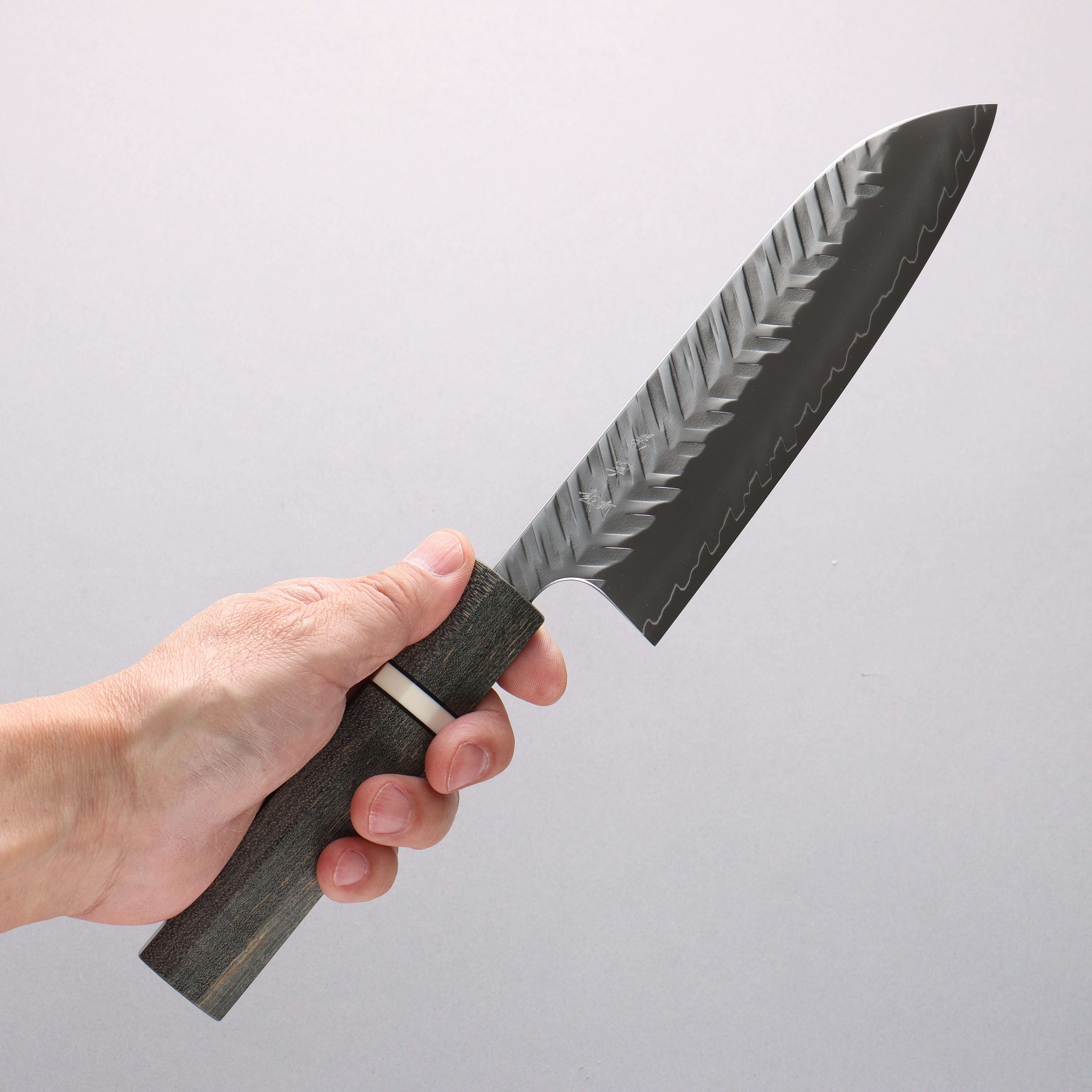 Yoshimi Kato SPG STRIX Hammered (V) Santoku 170mm Gray Stabilized Wood (White Ring) Handle - Seisuke Knife