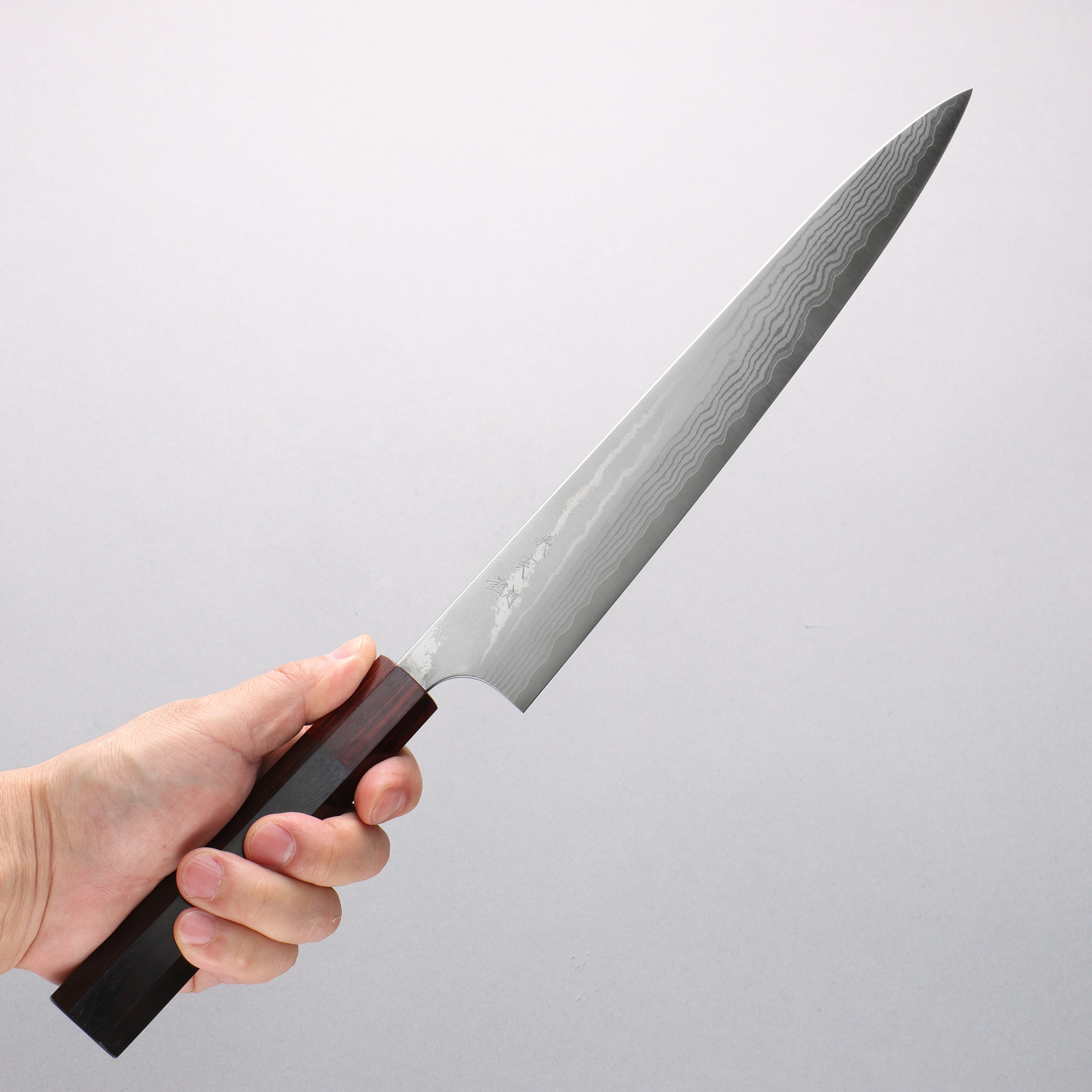 Yoshimi Kato VG10 Damascus Migaki Finished Sujihiki 270mm Ebony (ferrule: Sandalwood) Handle - Seisuke Knife