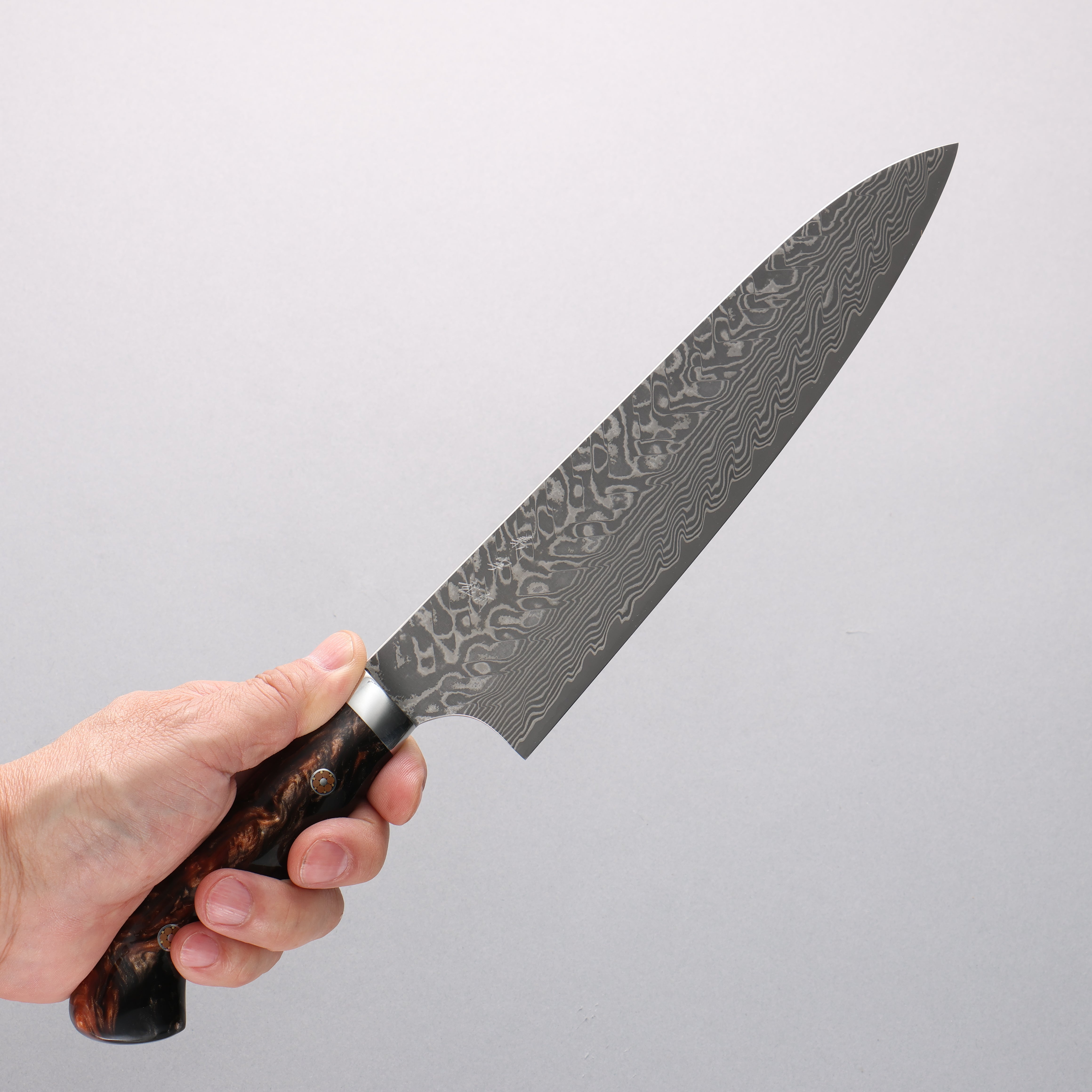 Yoshimi Kato SG2 Black Damascus Gyuto 210mm Brown Black Acrylic Handle - Seisuke Knife