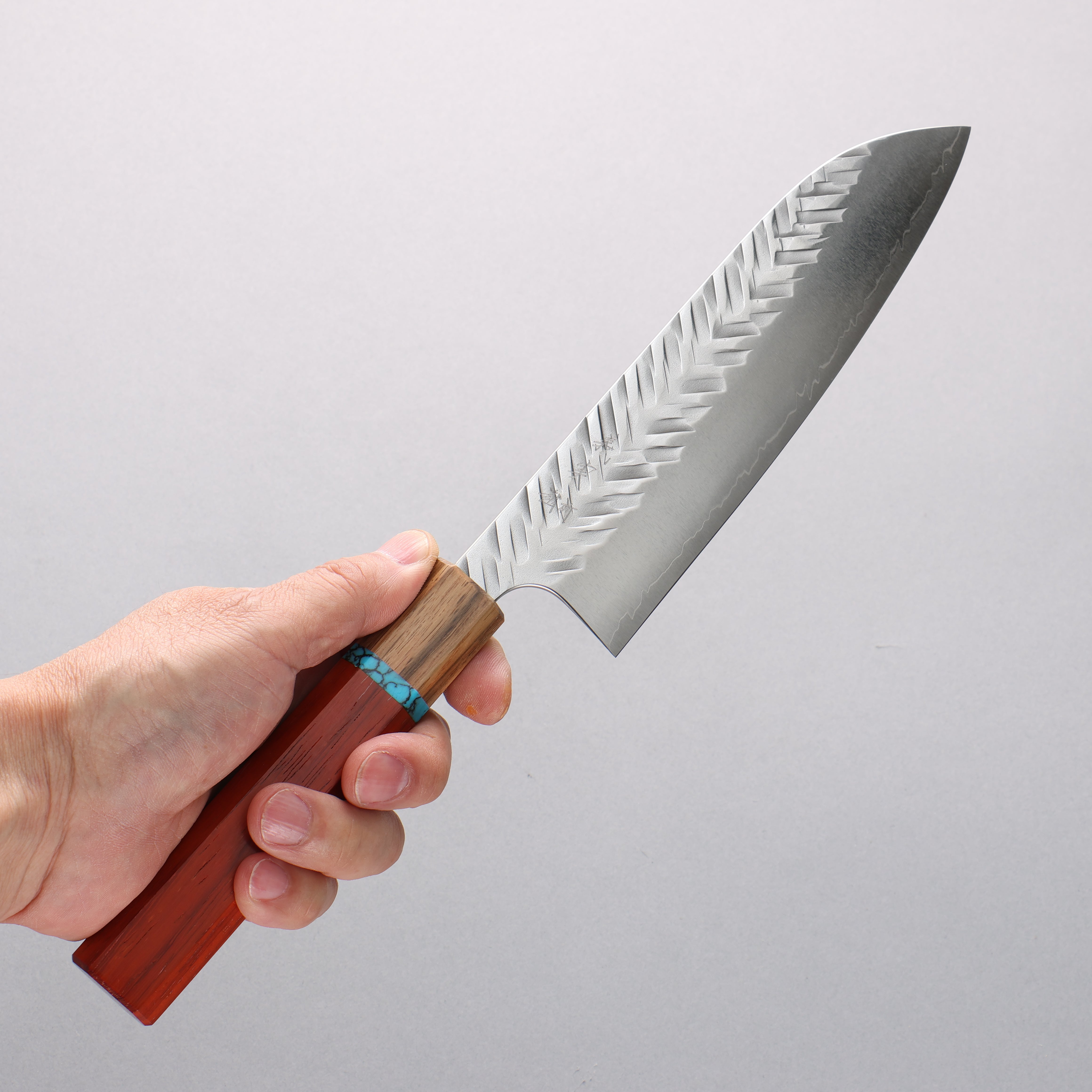 Yoshimi Kato SG2 Hammered (V) Santoku 170mm Padoauk(Turquoise Ring) Handle - Seisuke Knife