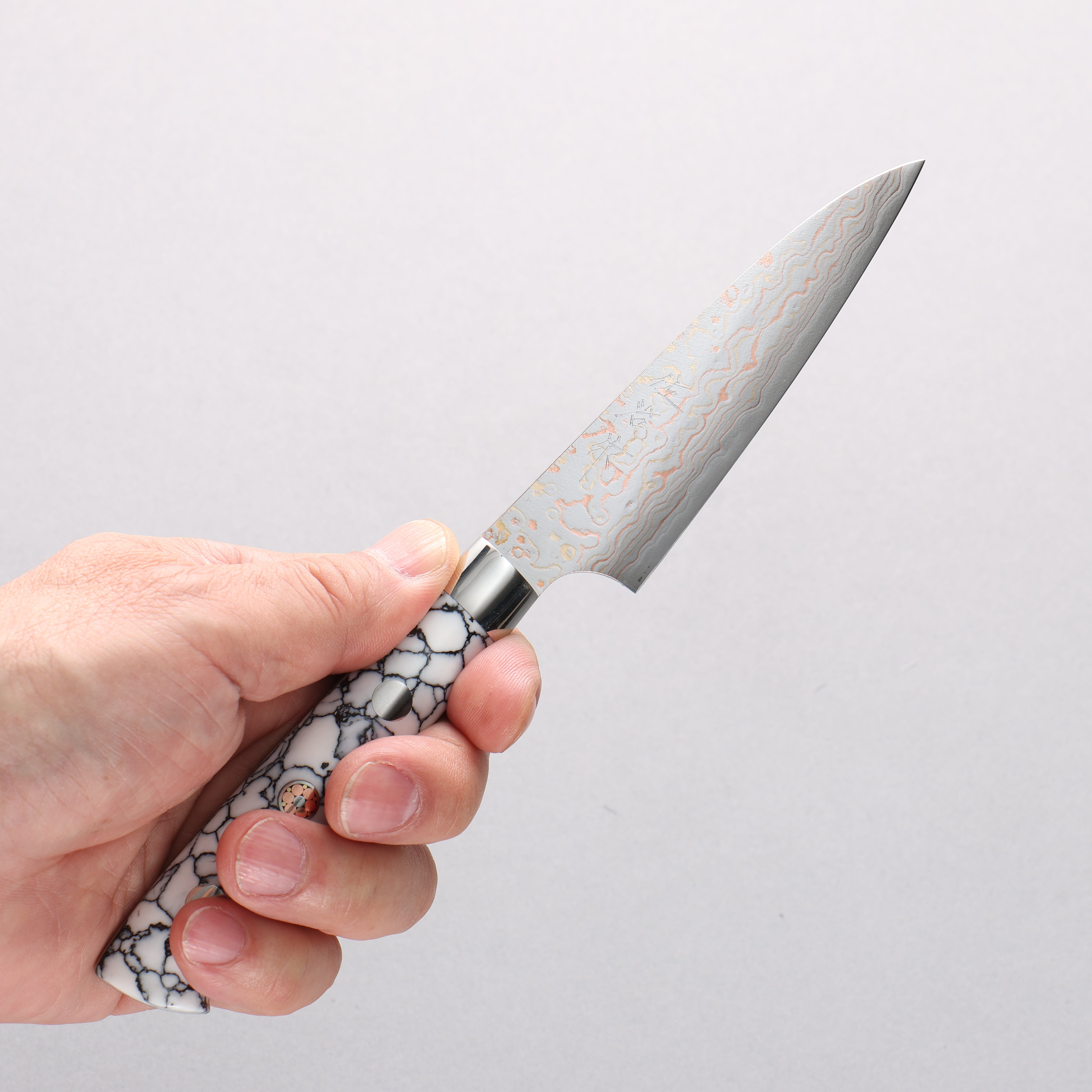 Takeshi Saji VG10w Colored Damascus Migaki Paring 90mm White Turquoise Handle - Seisuke Knife