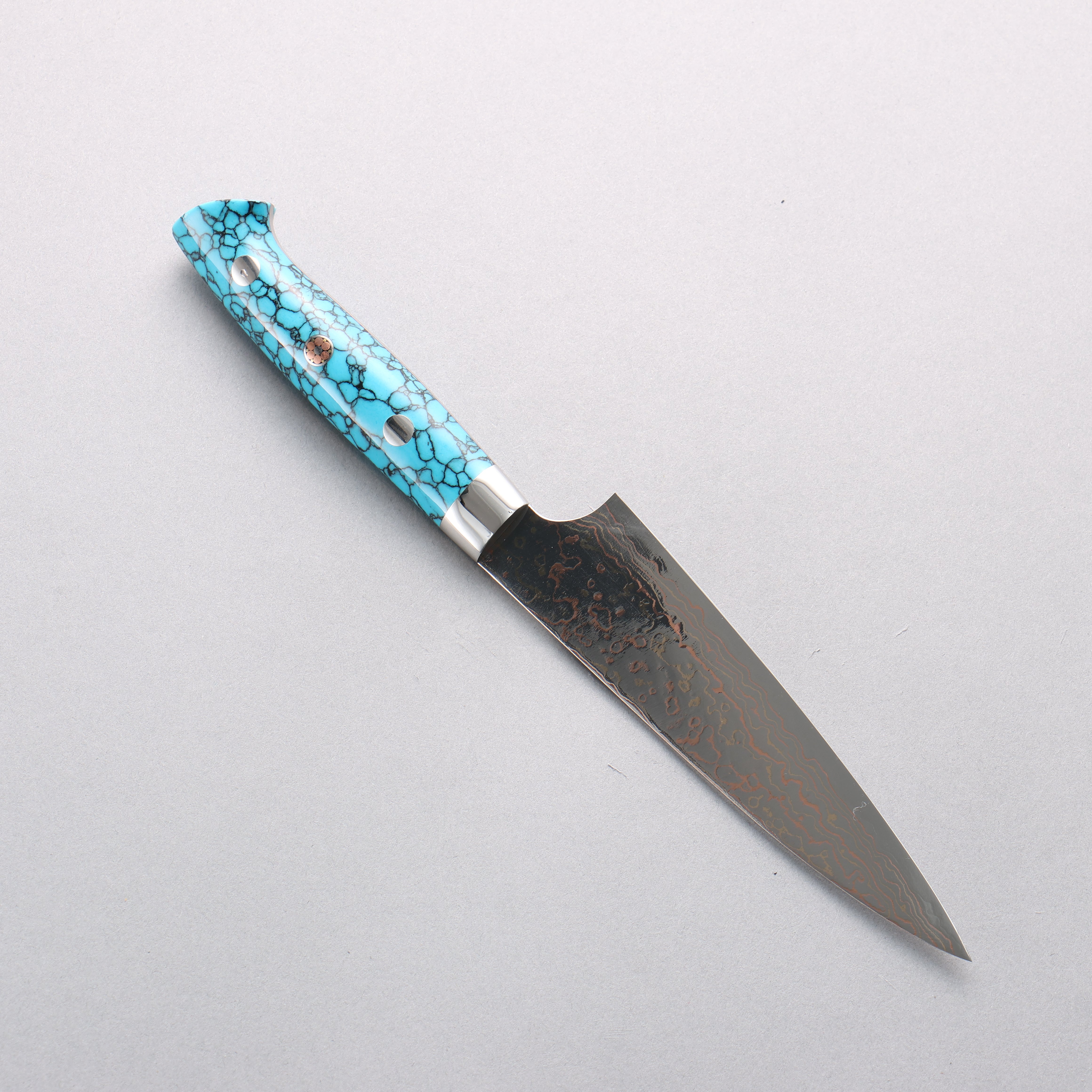 Takeshi Saji VG10w Colored Damascus Migaki Finished Petty-Utility 130mm Blue Turquoise Handle - Seisuke Knife