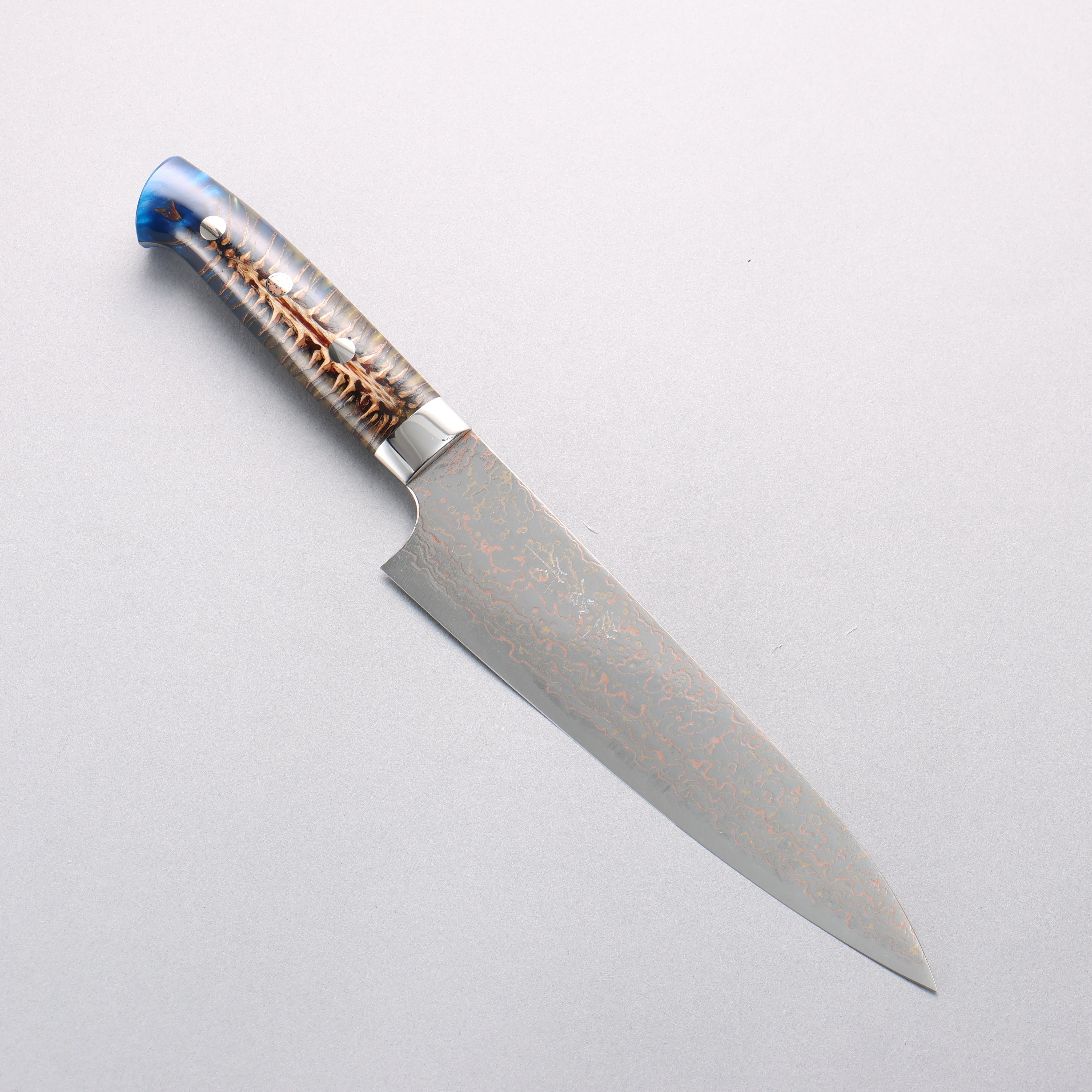 Takeshi Saji VG10w Colored Damascus Migaki Finished Gyuto 180mm Pine Cone & Blue Acrylic Handle - Seisuke Knife