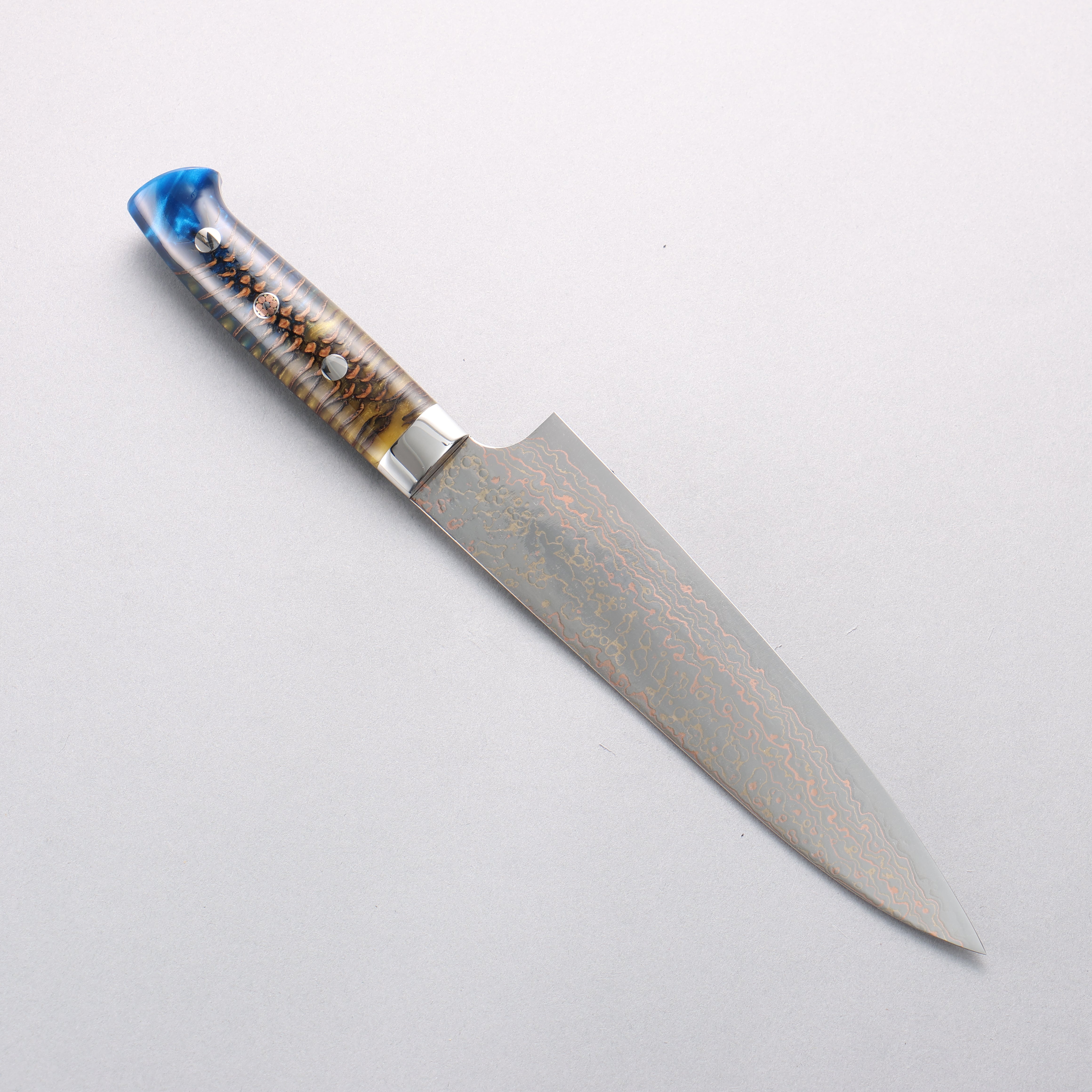 Takeshi Saji VG10w Colored Damascus Migaki Finished Gyuto 180mm Pine Cone & Blue Acrylic Handle - Seisuke Knife