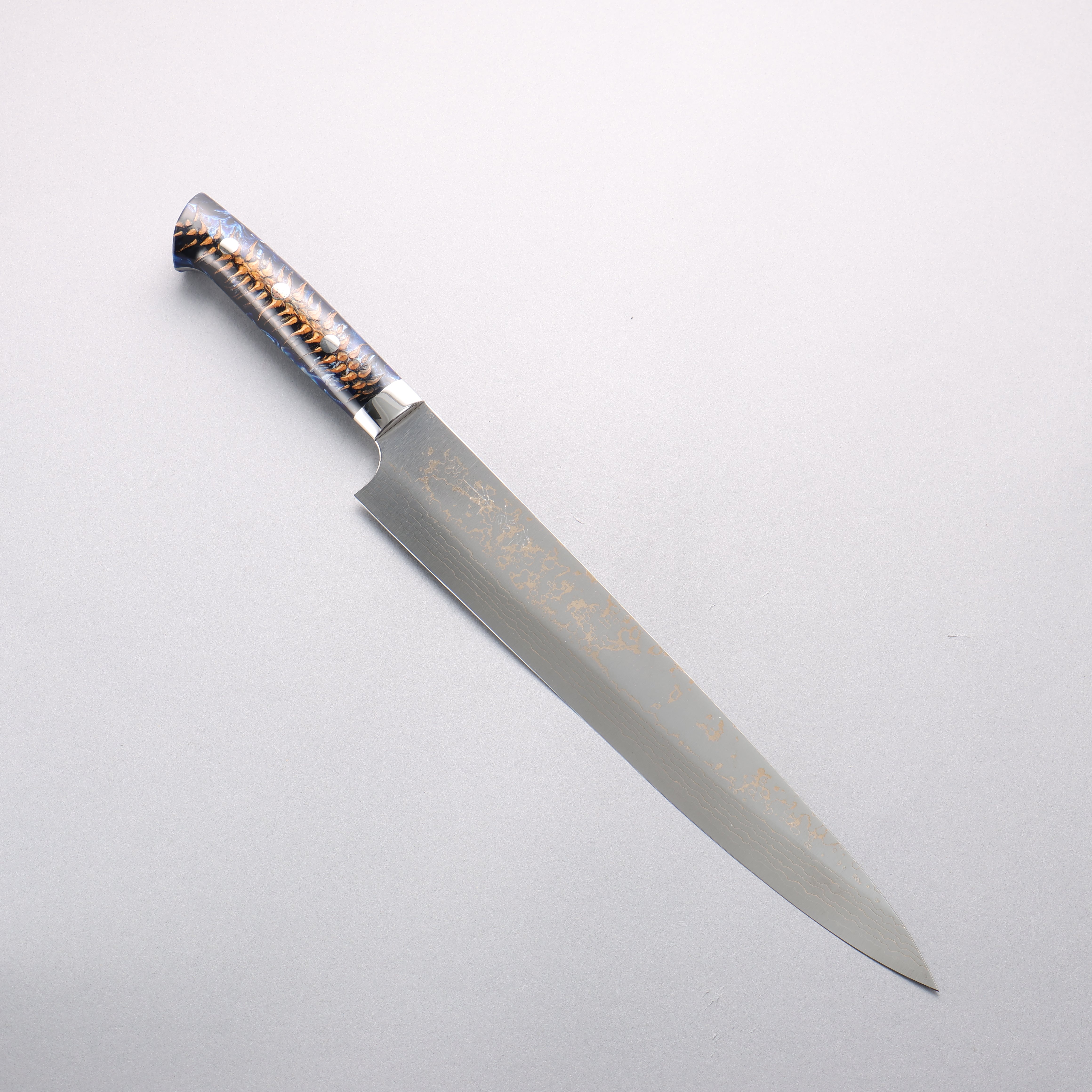 Takeshi Saji VG10w Colored Damascus Migaki Finished Sujihiki 270mm Pine Cone & Blue Acrylic Handle - Seisuke Knife