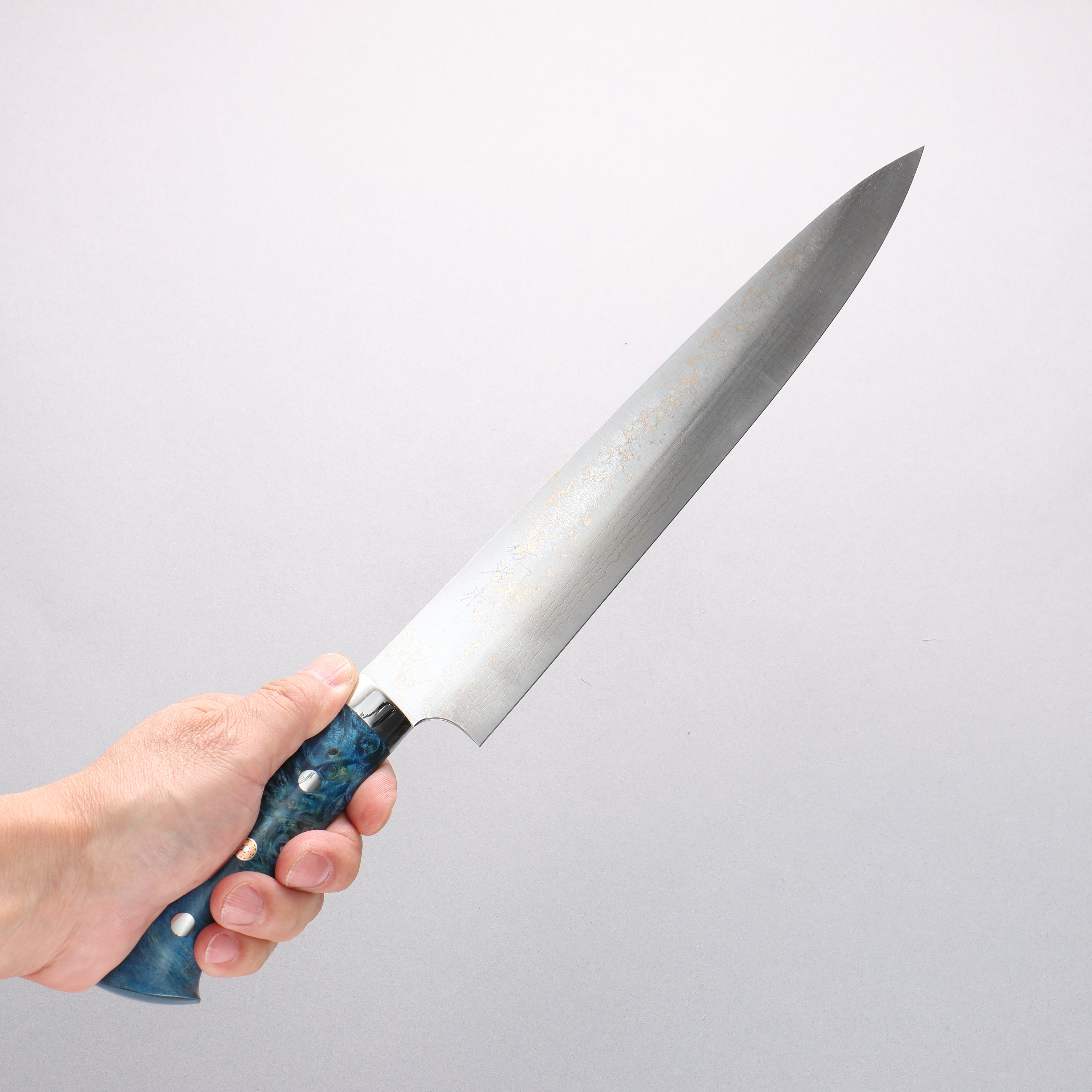 Takeshi Saji VG10w Gold Colored Damascus Migaki Finished Gyuto 270mm Blue Acrylic Handle - Seisuke Knife