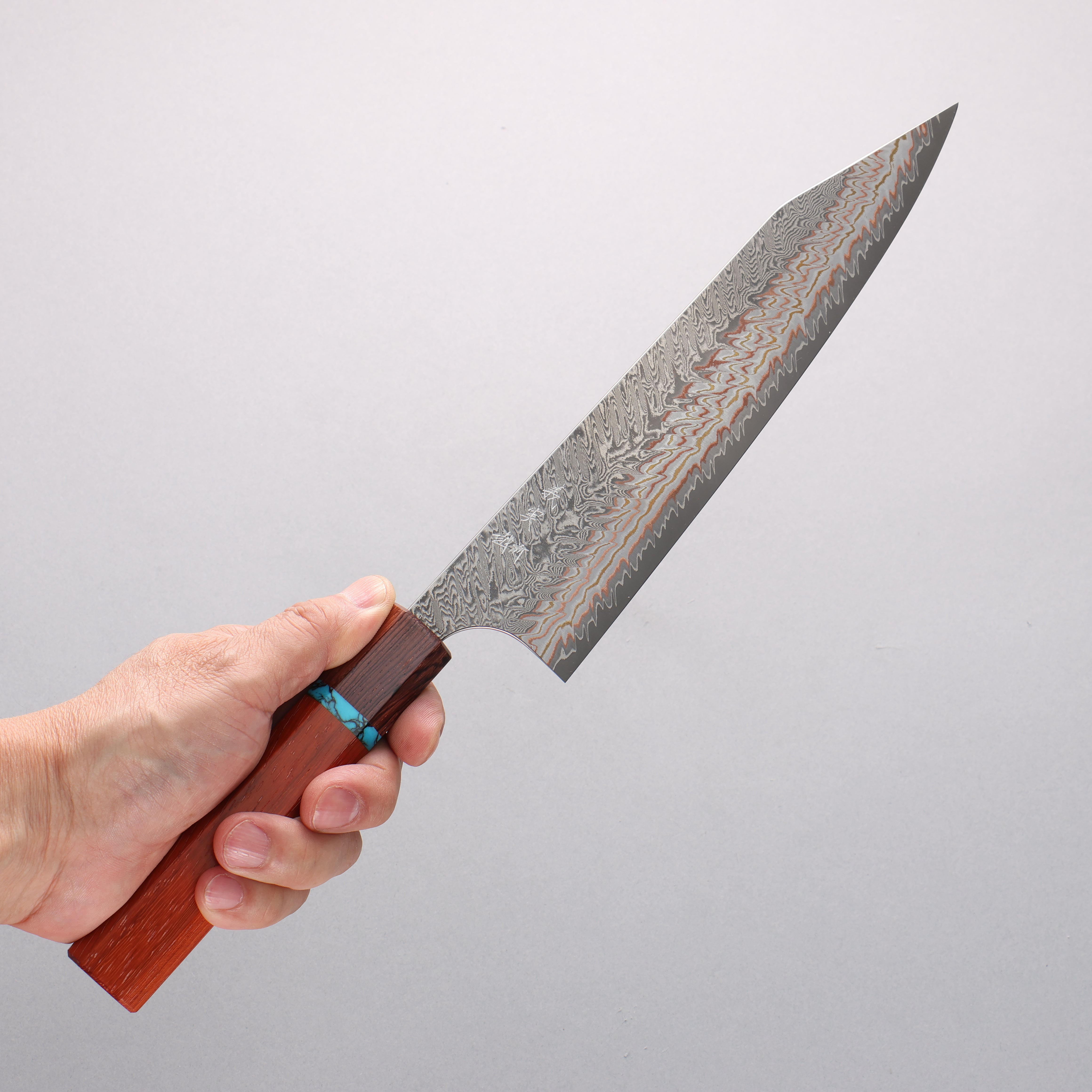 Yoshimi Kato VG10w Colored Damascus Kiritsuke Gyuto 210mm Padoauk(Turquoise Ring) Handle - Seisuke Knife