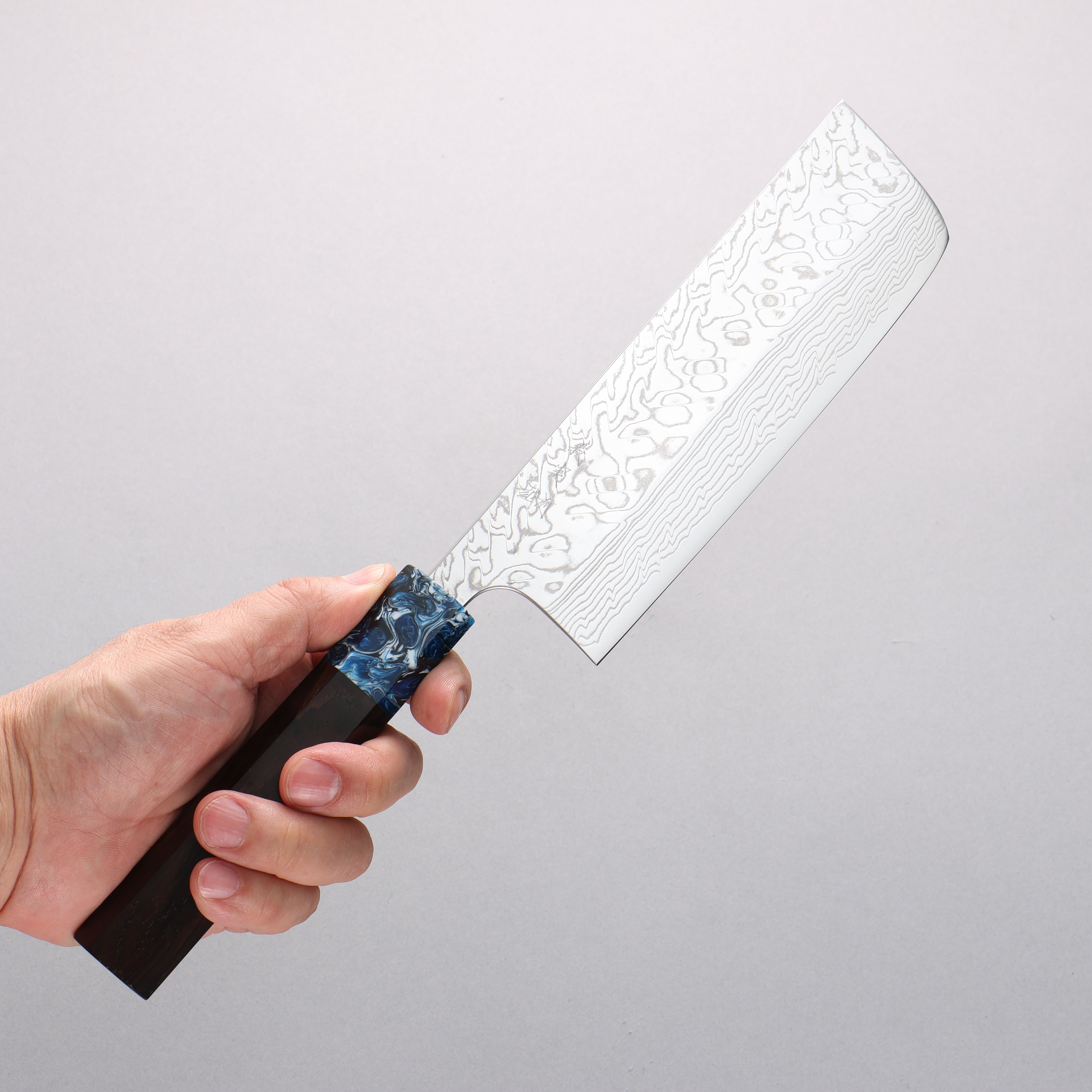 Yoshimi Kato SG2 Damascus Migaki Nakiri 165mm Ebony Wood & Blue Marble Resin Handle - Seisuke Knife