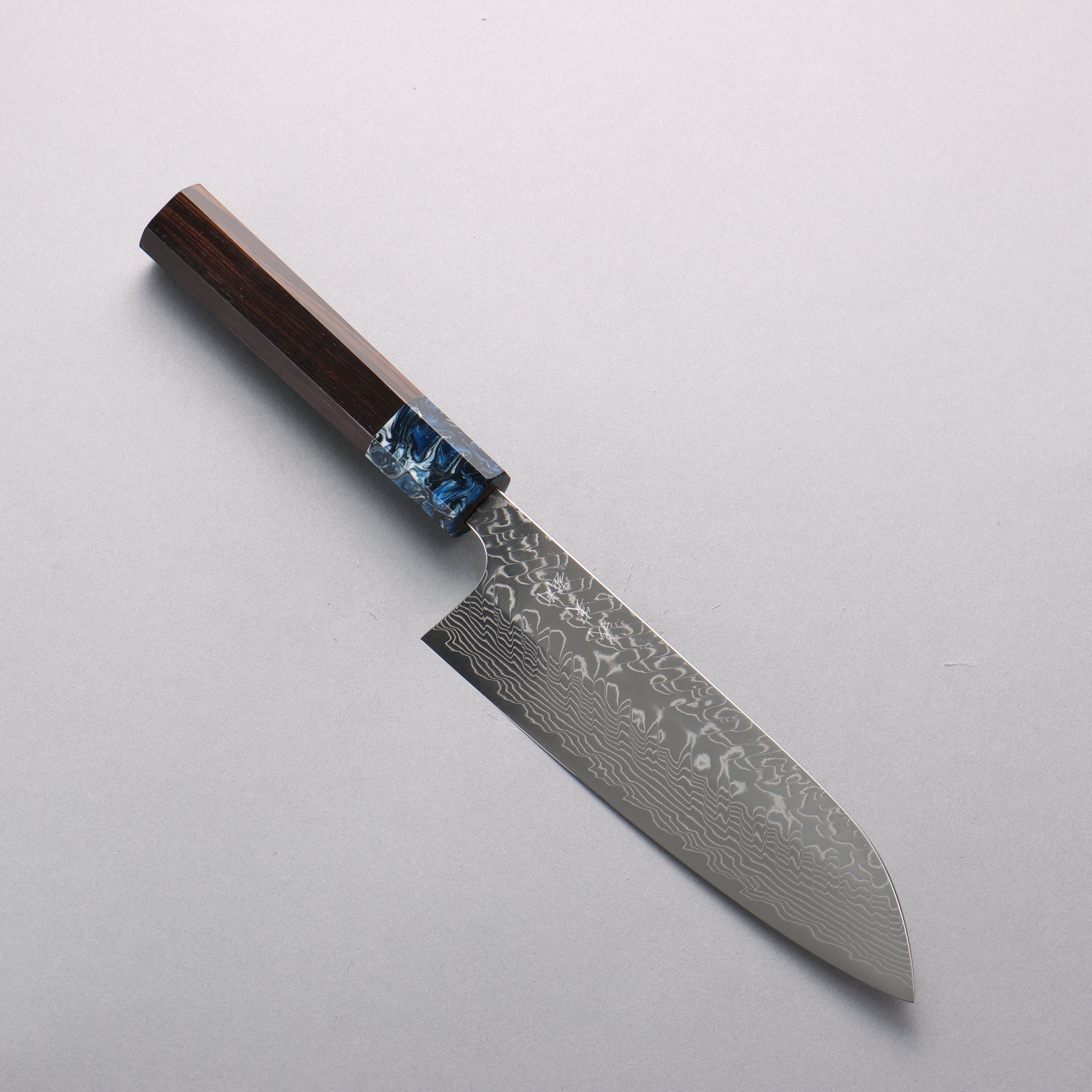 Yoshimi Kato SG2 Damascus Migaki Polish Finish Santoku 170mm Ebony (ferrule: Blue Marble Resin) Handle - Seisuke Knife