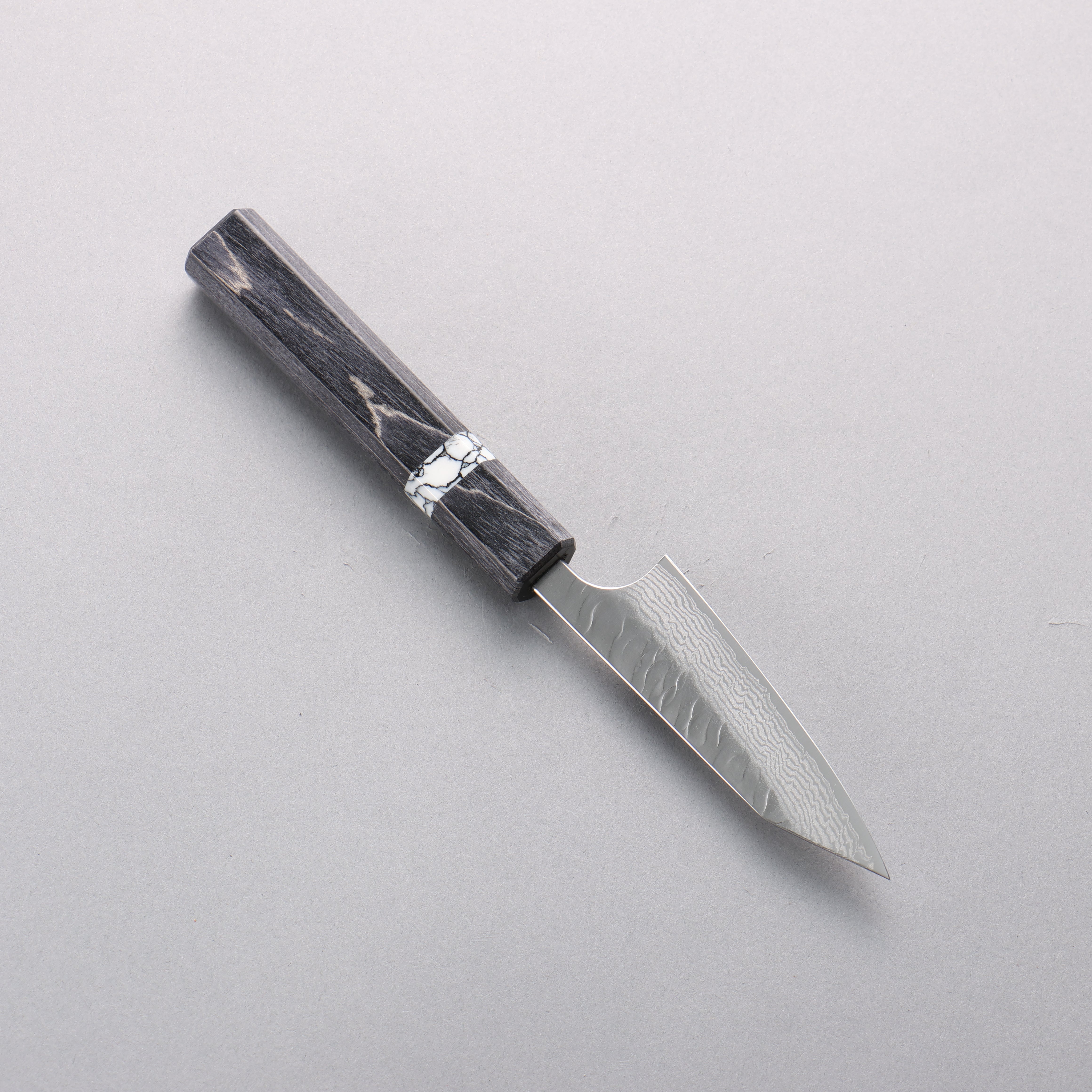 Yoshimi Kato Nami VG-XEOS Hammered Damascus Kiritsuke Paring 90mm Black Stabilized Wood & White Turquoise Ring Handle - Seisuke Knife
