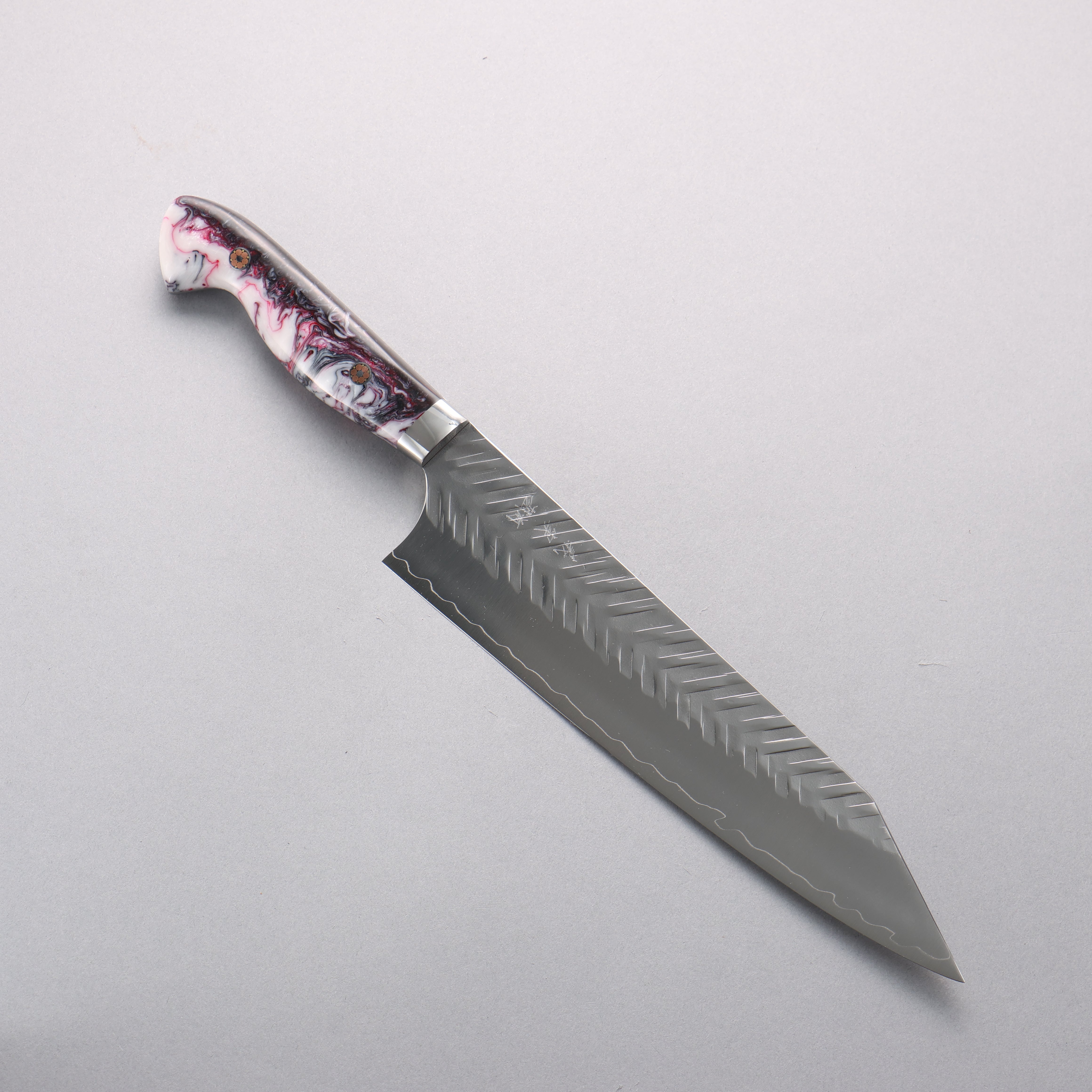 Yoshimi Kato SPG STRIX Hammered (V) Kiritsuke Gyuto 210mm Red White Black Acrylic Handle - Seisuke Knife