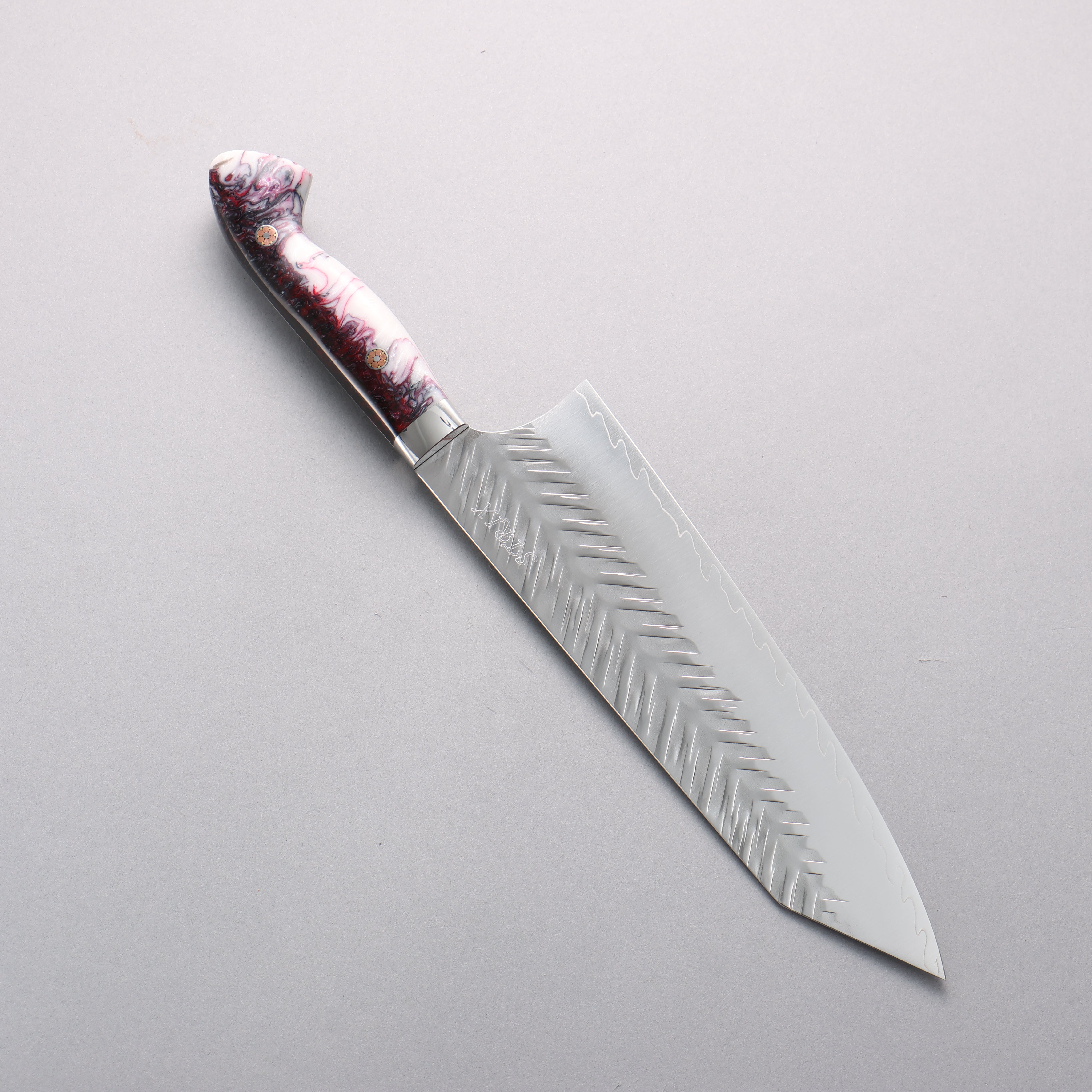 Yoshimi Kato SPG STRIX Hammered (V) Bunka (wide) 210mm Red White Black Acrylic Handle - Seisuke Knife