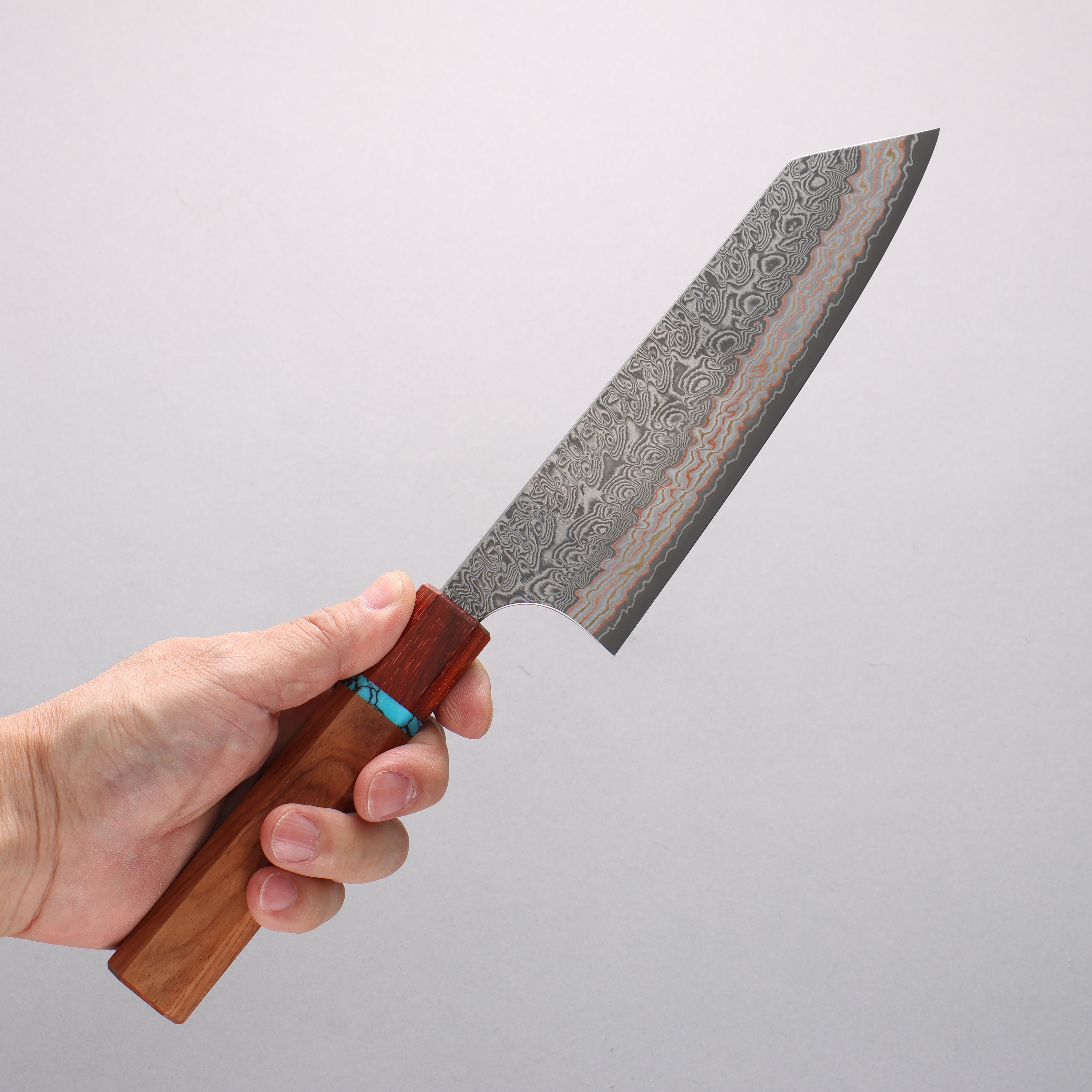 Yoshimi Kato VG10w Colored Damascus Bunka 170mm Rosewood & Turquoise Ring Handle - Seisuke Knife