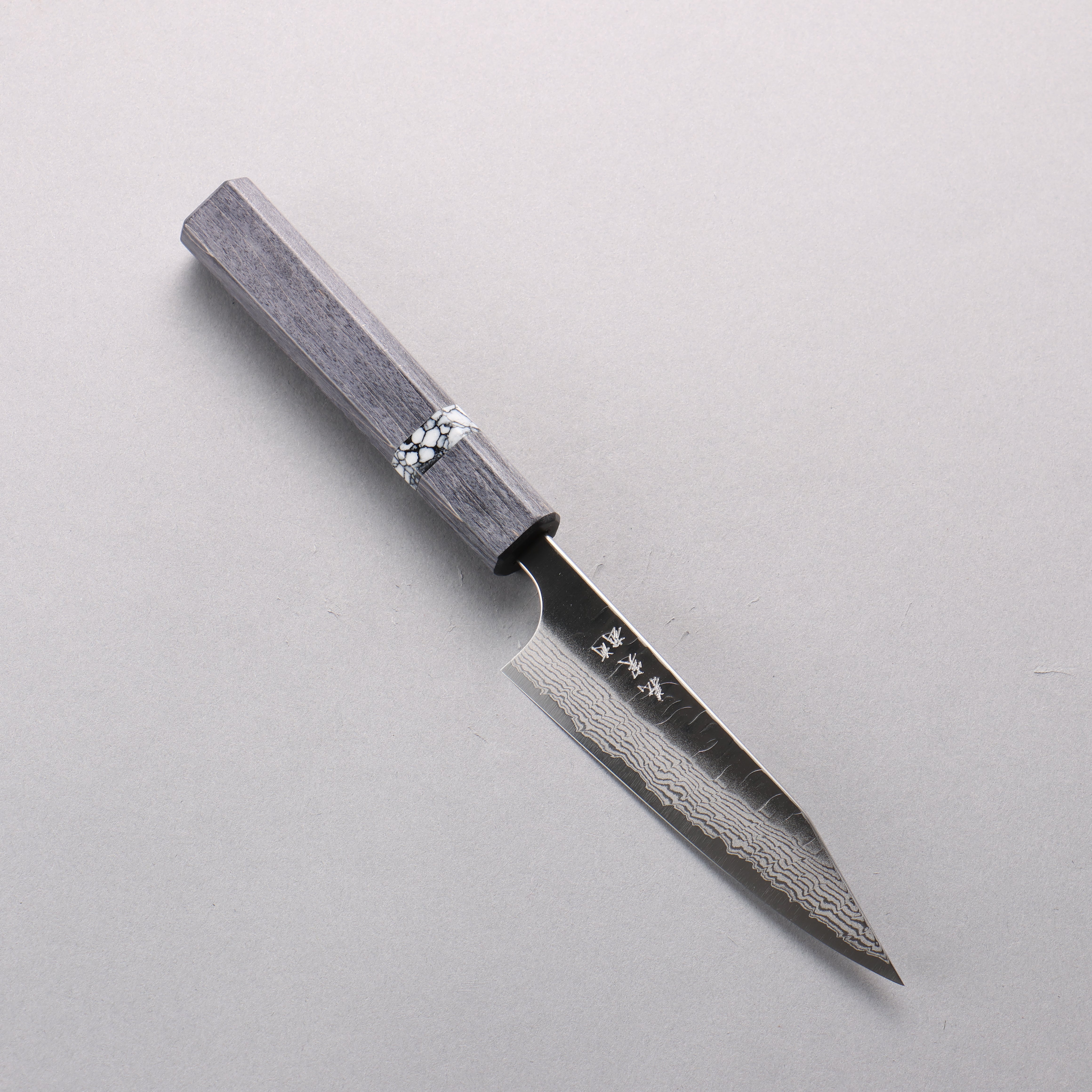 Yoshimi Kato Nami VG-XEOS Hammered Damascus Kiritsuke Petty-Utility 120mm Black Stabilized Wood (White Turquoise Ring) Handle - Seisuke Knife