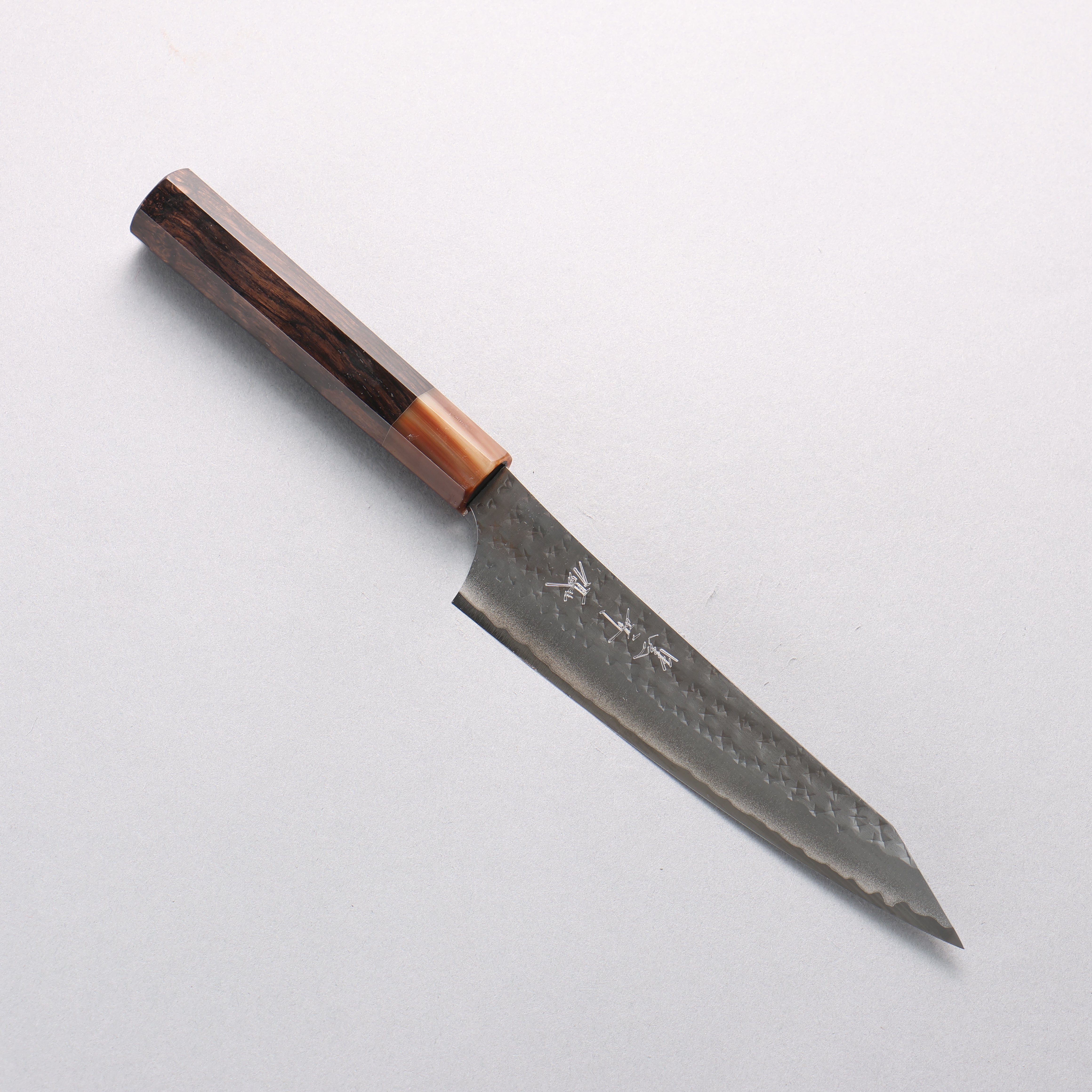 Yu Kurosaki Senko Ei Blue Super Hammered Black Petty-Utility 150mm Ebony Wood & White Water Buffalo Horn Handle - Seisuke Knife