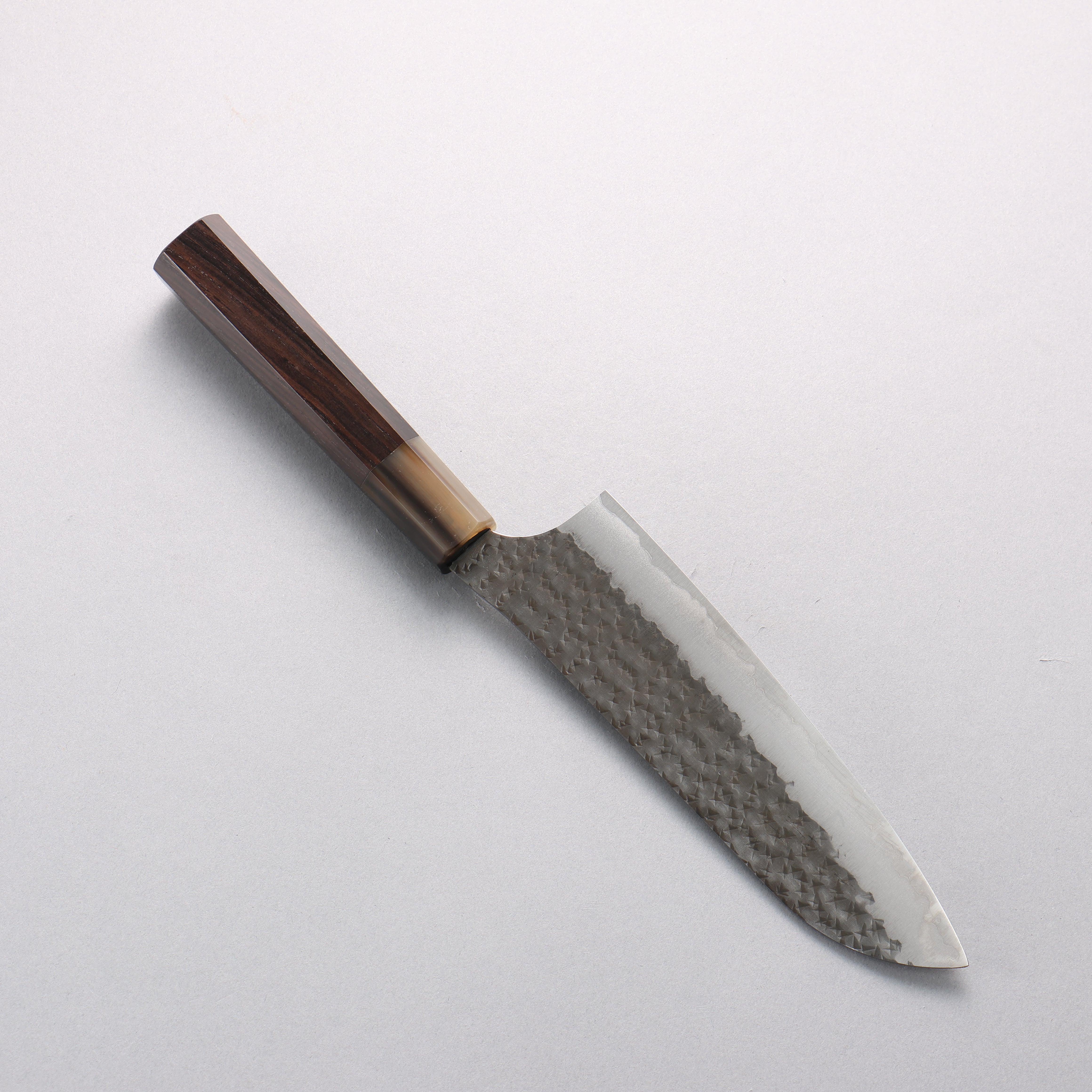 Yu Kurosaki Senko Ryu Blue Super Hammered Black Finished Santoku 170mm Ebony Wood & Water Buffalo Horn Handle - Seisuke Knife