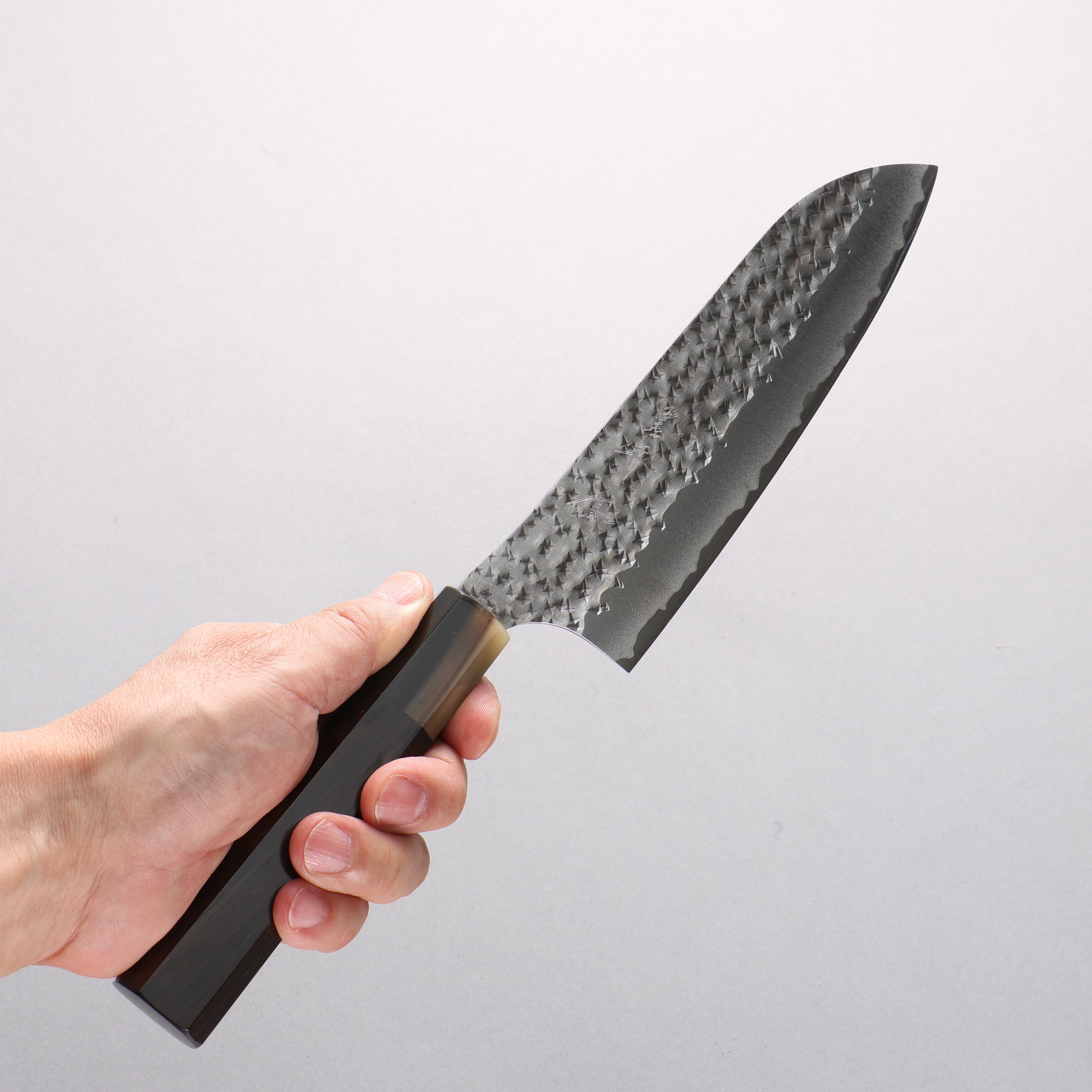Yu Kurosaki Senko Ryu Blue Super Hammered Black Finished Santoku 170mm Ebony Wood & Water Buffalo Horn Handle - Seisuke Knife