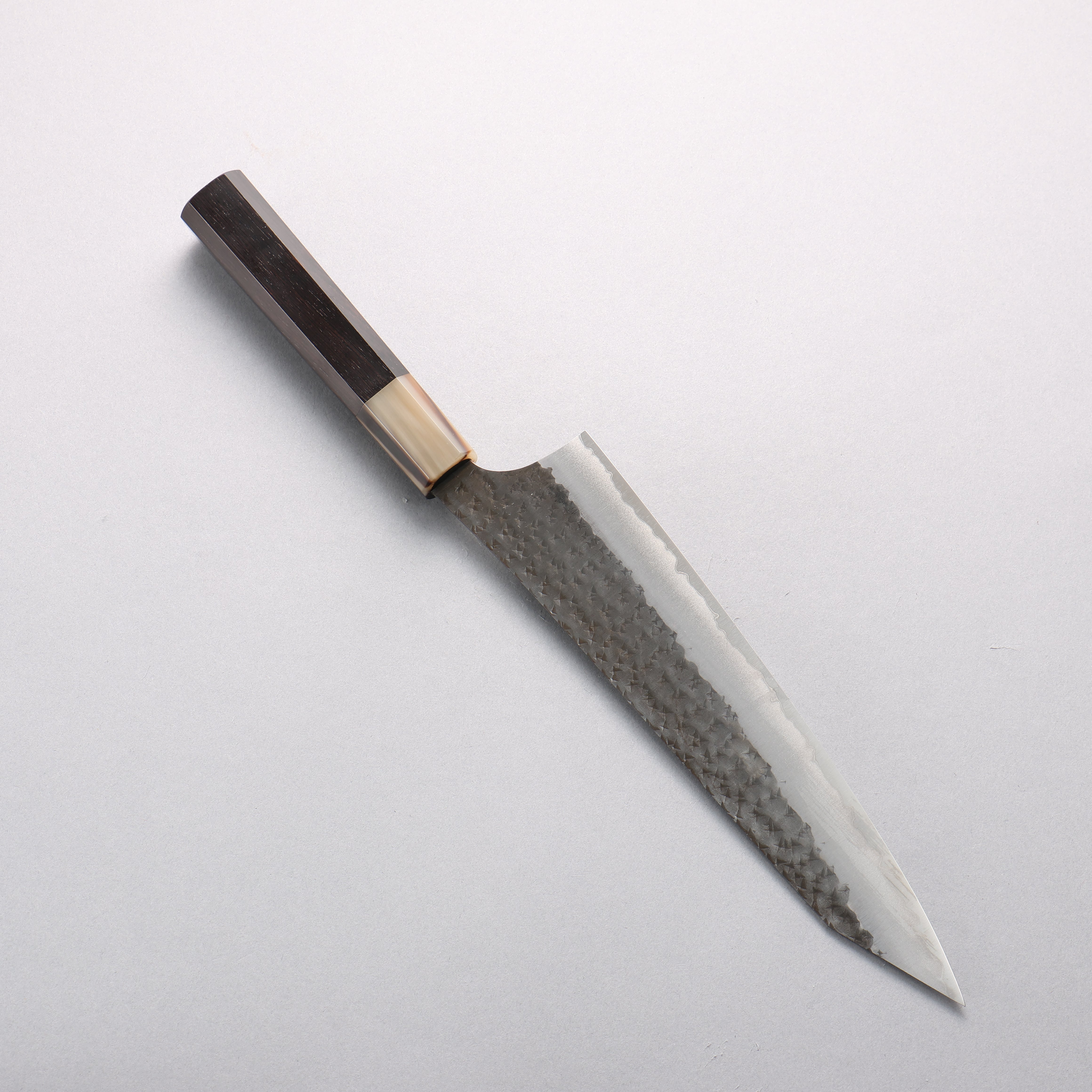 Yu Kurosaki Senko Ei Blue Super Hammered Black Finished Gyuto 210mm Ebony Wood & Water Buffalo Horn Handle - Seisuke Knife