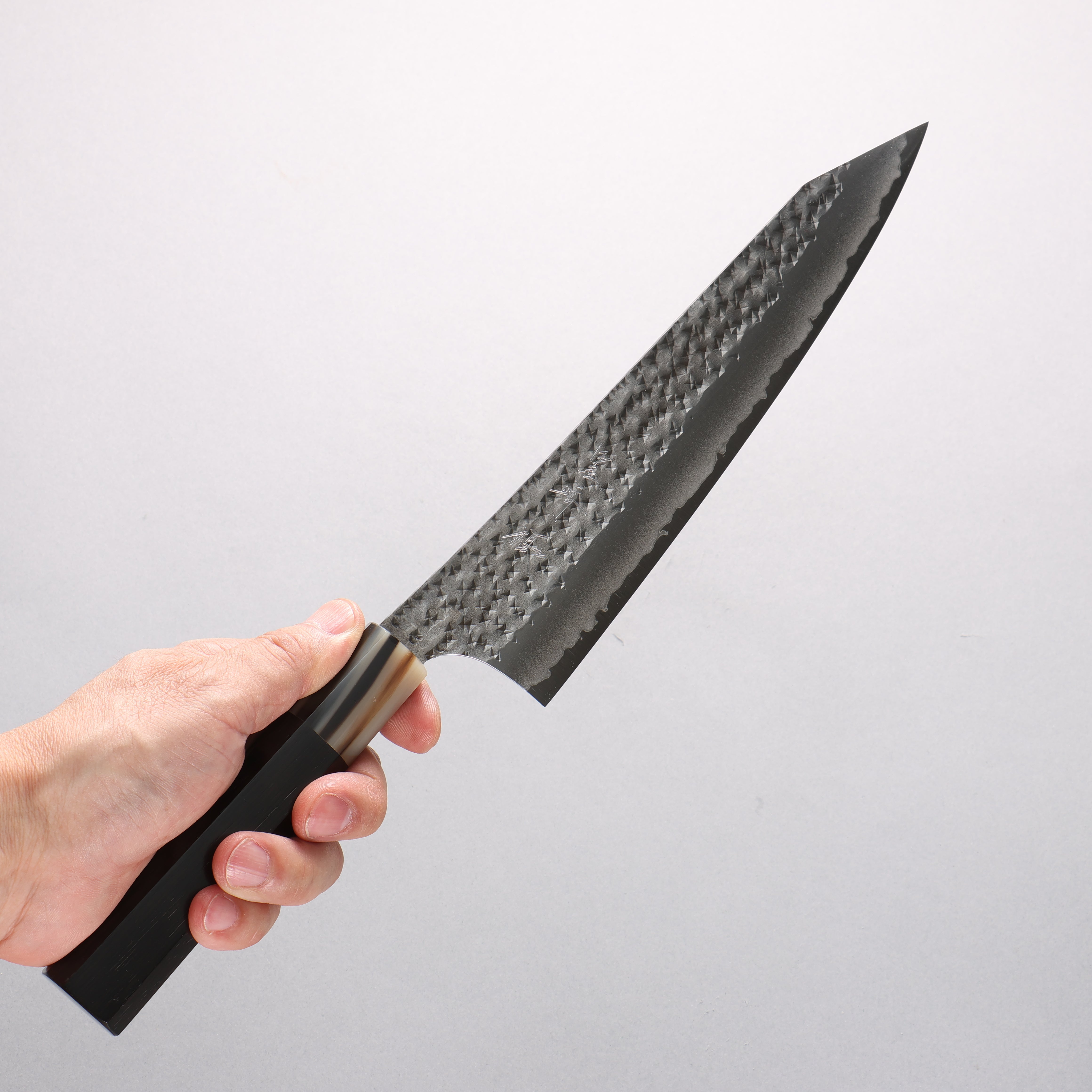 Yu Kurosaki Senko Ei Blue Super Hammered Black Finished Gyuto 210mm Ebony Wood & Water Buffalo Horn Handle - Seisuke Knife