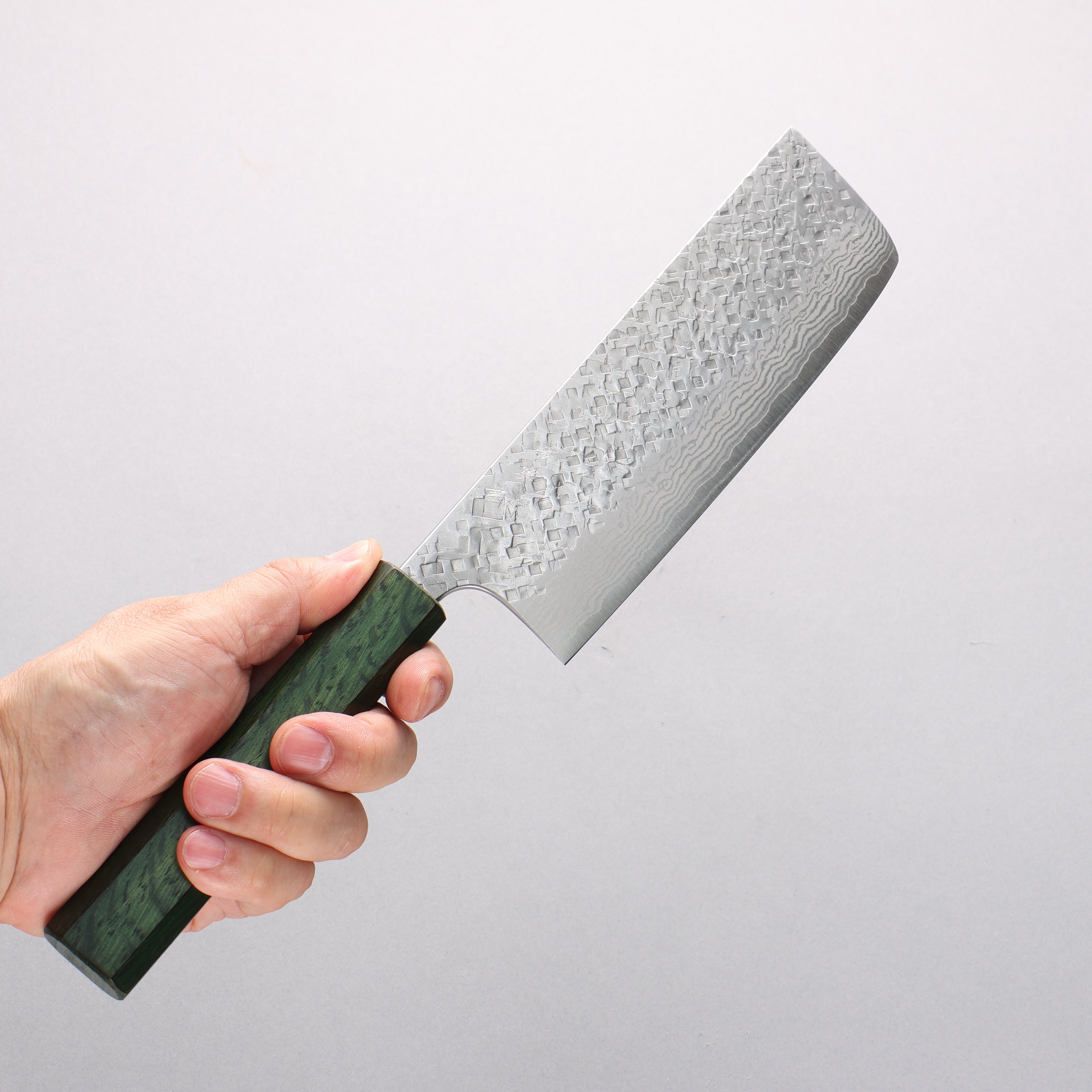 Yoshimi Kato VG10 Damascus Square Hammered Nakiri 165mm Green Lacquered Oak Handle - Seisuke Knife