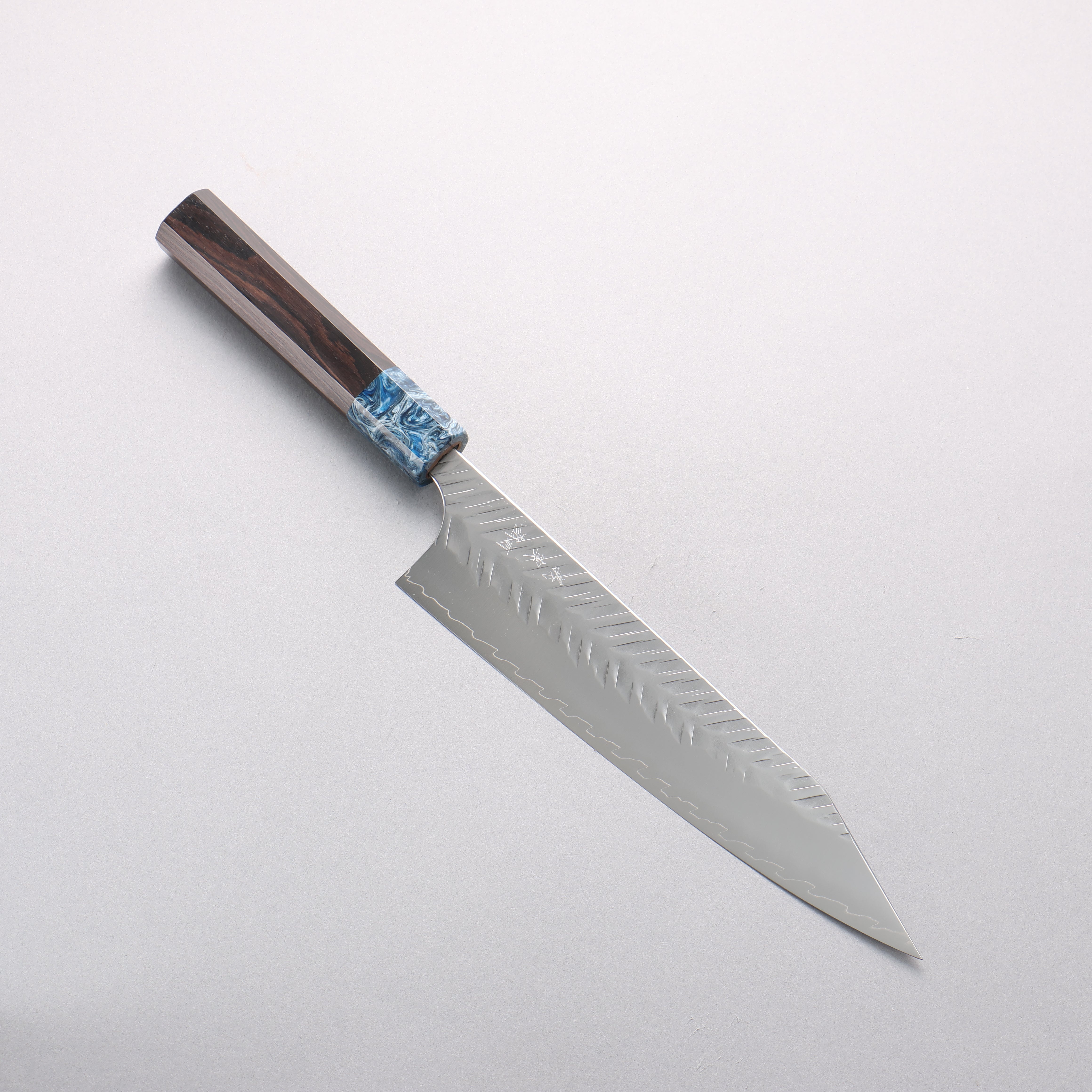 Yoshimi Kato SPG STRIX Hammered (V) Kiritsuke Gyuto 210mm Ebony (ferrule: Blue Marble Resin) Handle - Seisuke Knife