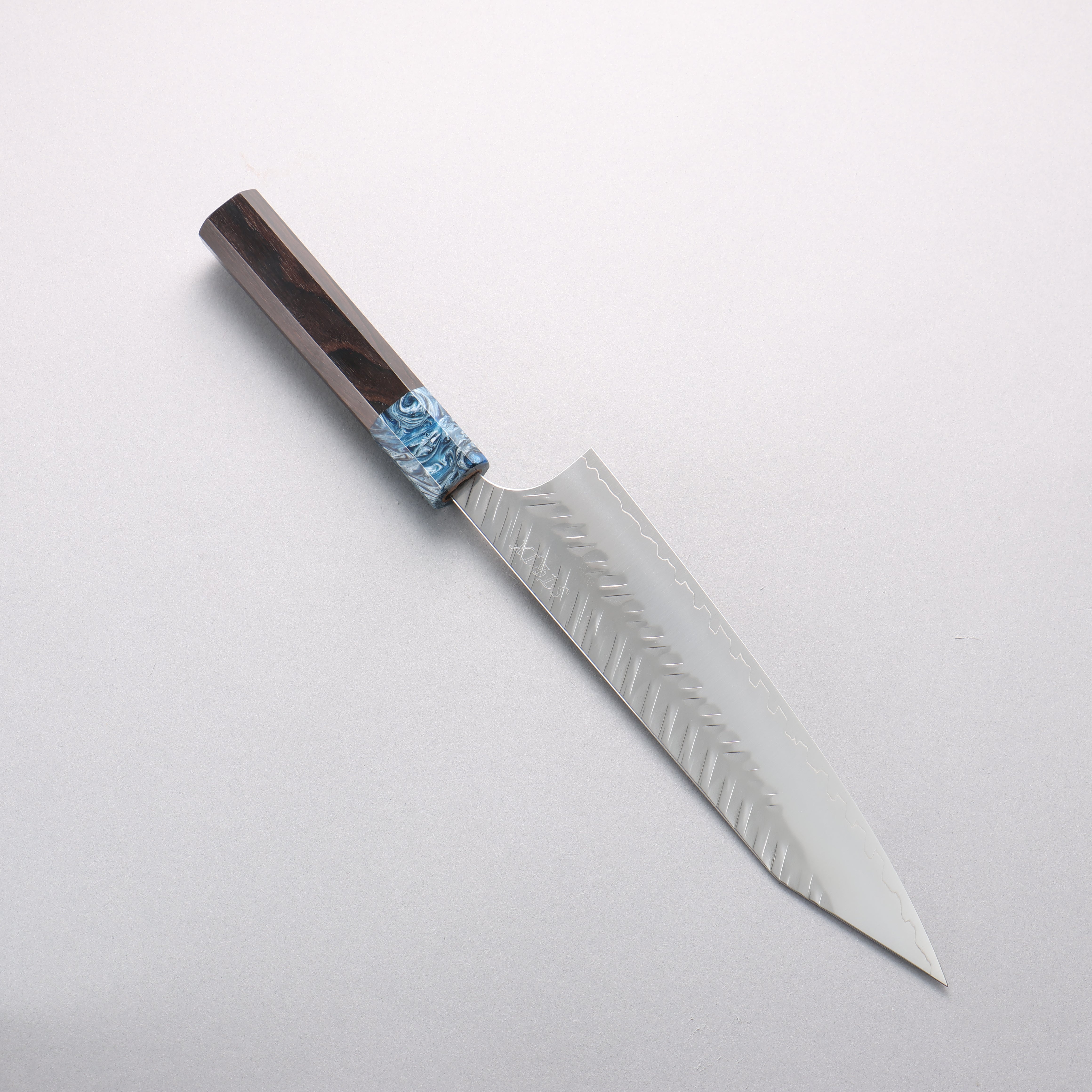 Yoshimi Kato SPG STRIX Hammered (V) Kiritsuke Gyuto 210mm Ebony (ferrule: Blue Marble Resin) Handle - Seisuke Knife