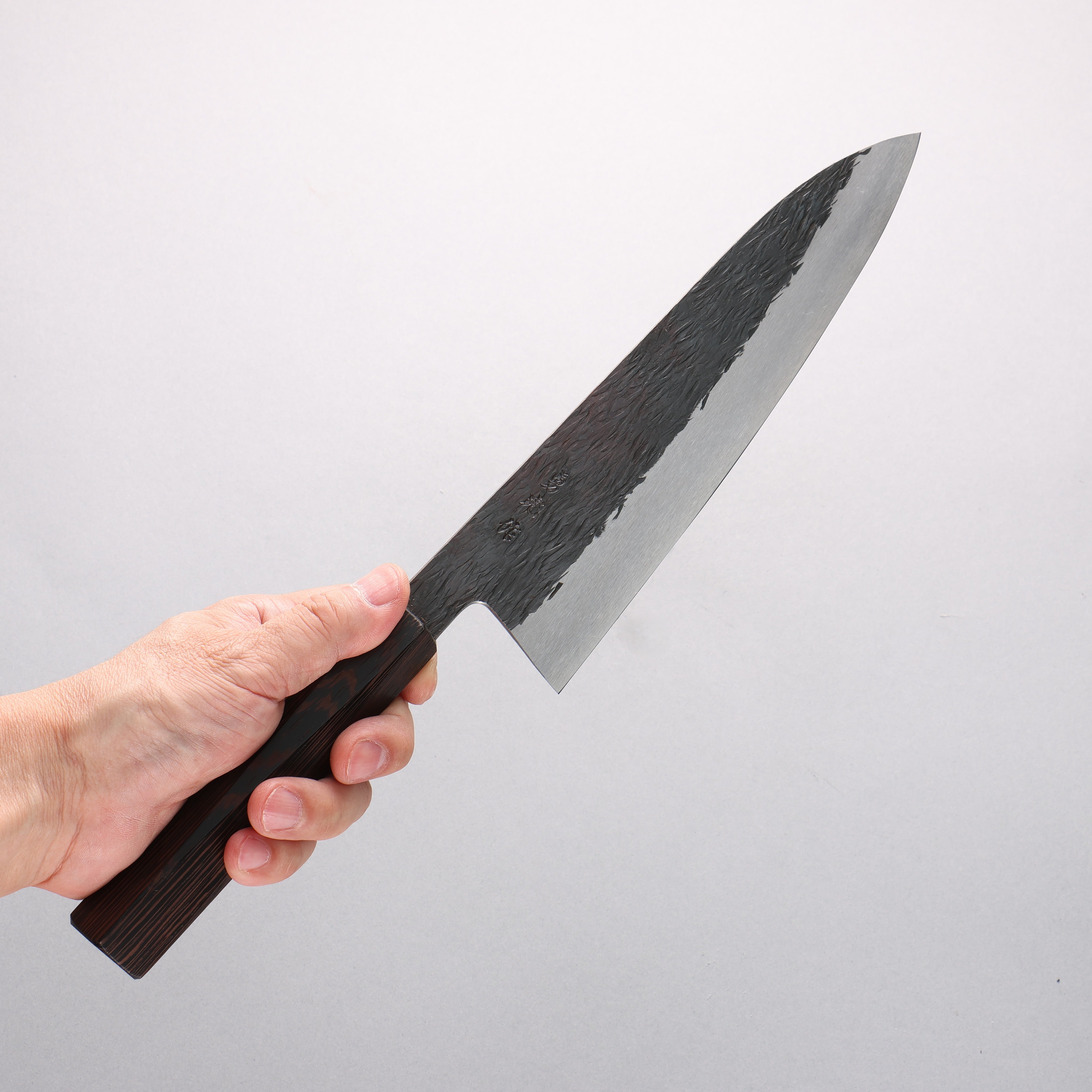 Isamitsu Abe Blue Super Hammered Black Finished Gyuto 210mm Pentagonal Shita Handle - Seisuke Knife