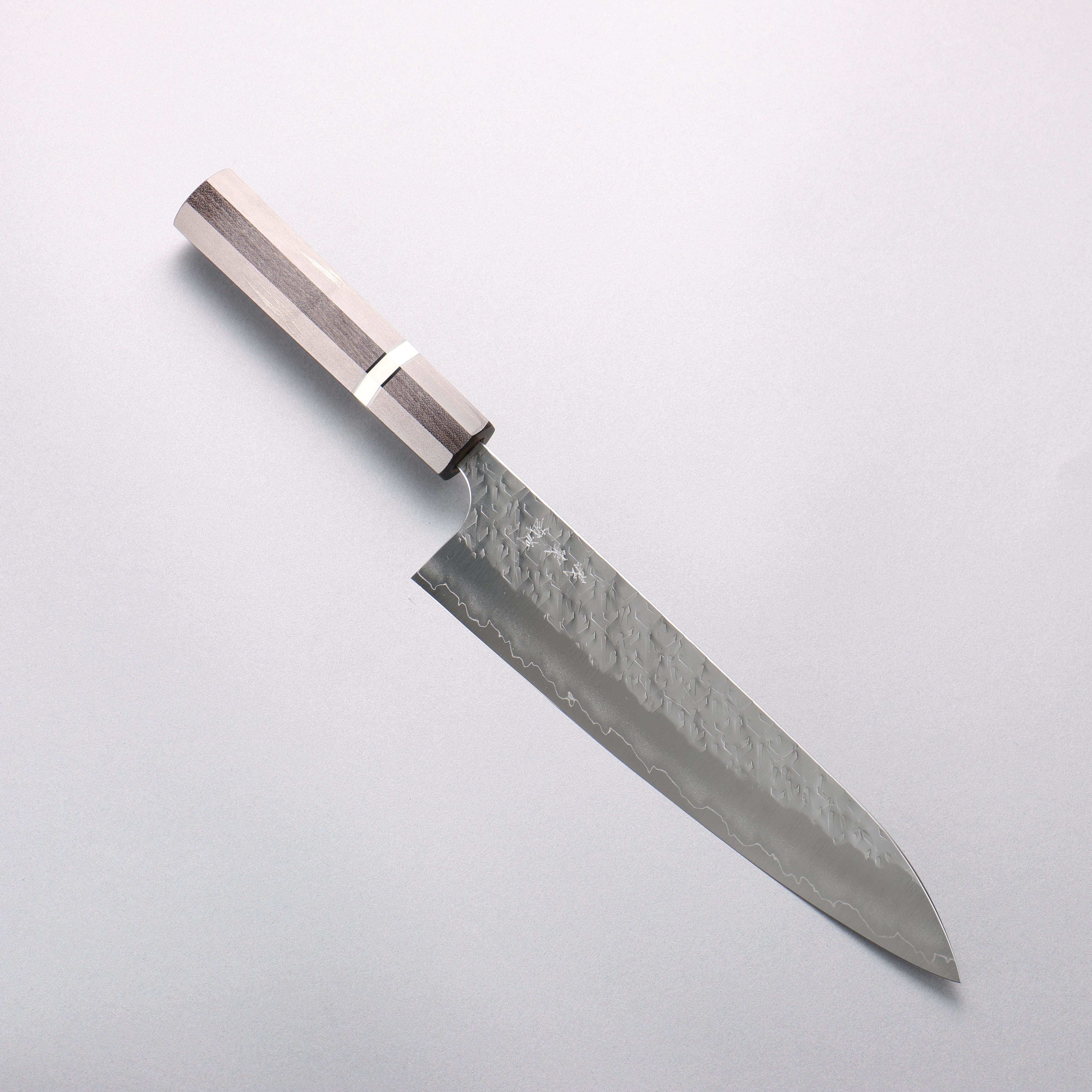 Yoshimi Kato Hyo SG2 Hammered Gyuto 210mm Gray Stabilized Wood & White Ring Handle - Seisuke Knife