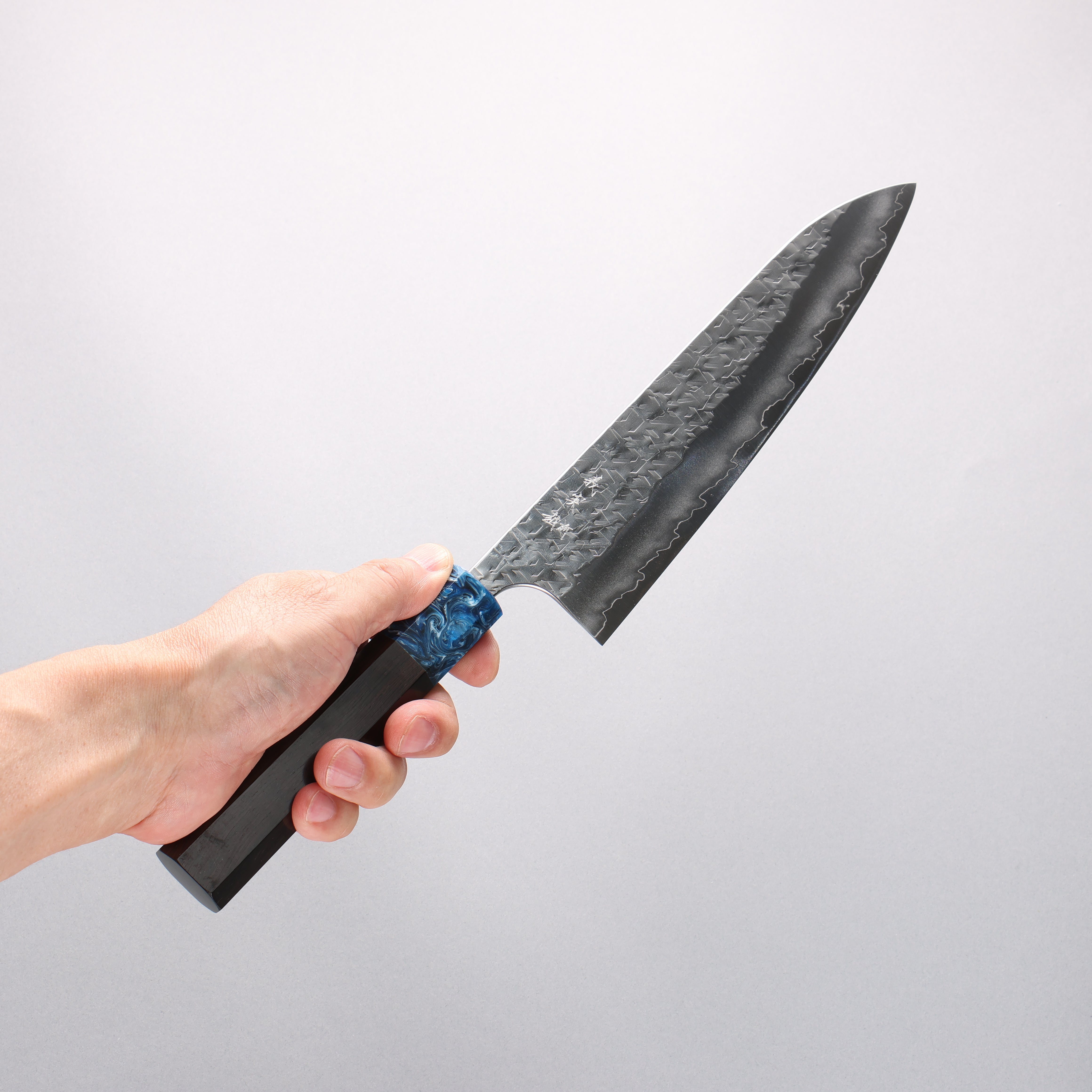 Yoshimi Kato Hyo SG2 Hammered Gyuto 210mm Ebony (ferrule: Blue Marble Resin) Handle - Seisuke Knife