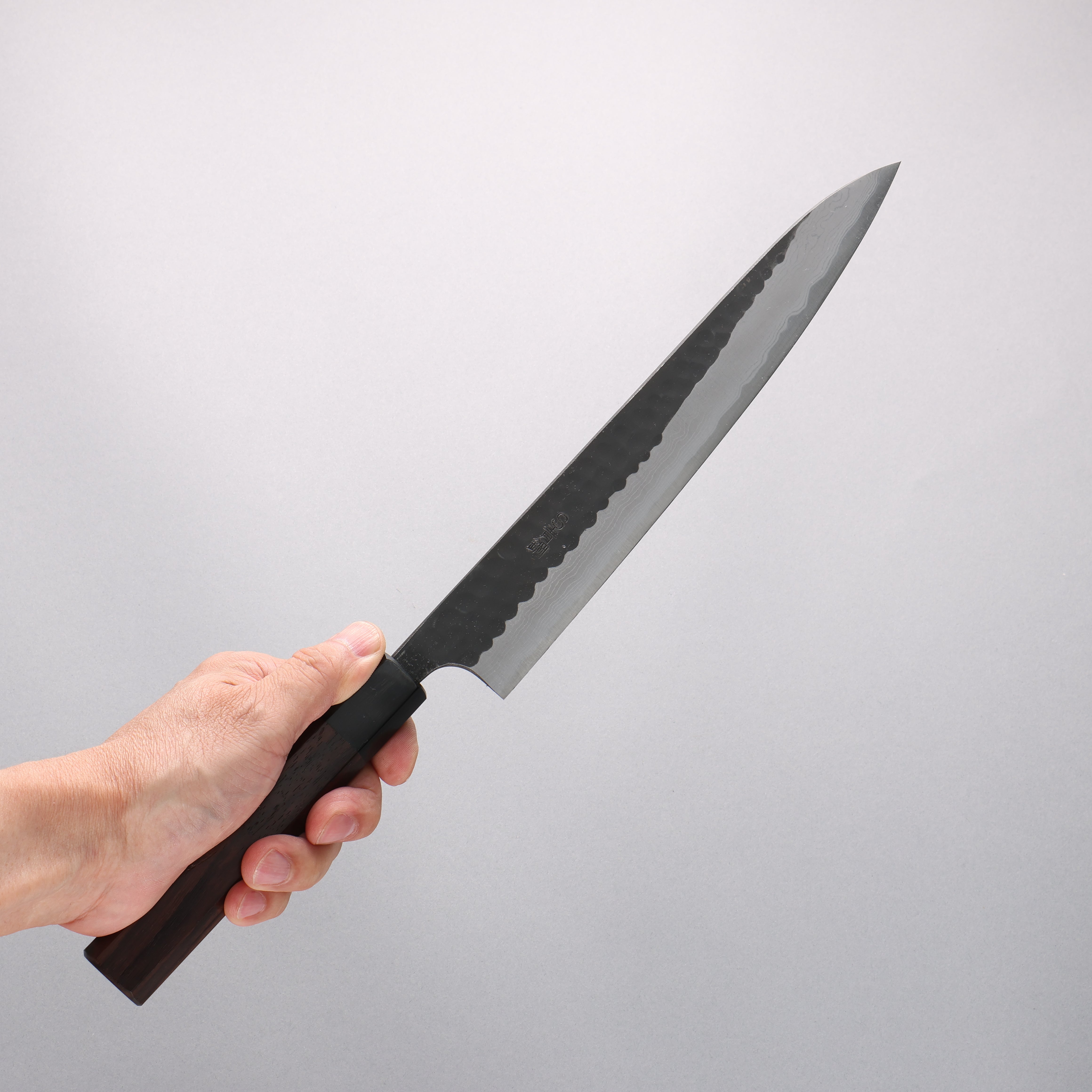 Nao Yamamoto Blue Super Kurouchi Hammered Damascus Yanagiba 240mm Rosewood Handle - Seisuke Knife