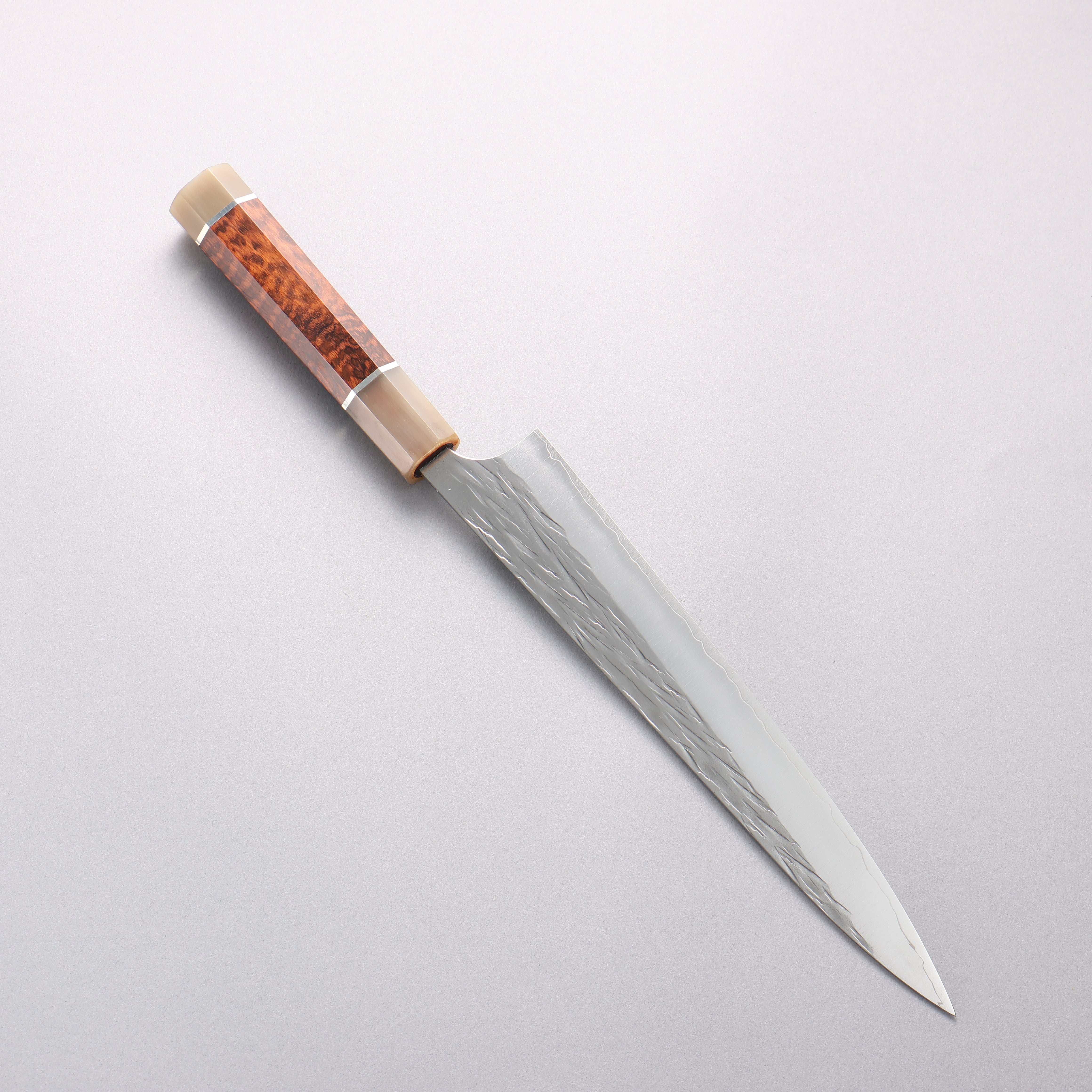 Yu Kurosaki Juhyo Cobalt Special Steel Hammered Sujihiki 240mm Snakewood (with Double Marble Horns) Handle - Seisuke Knife