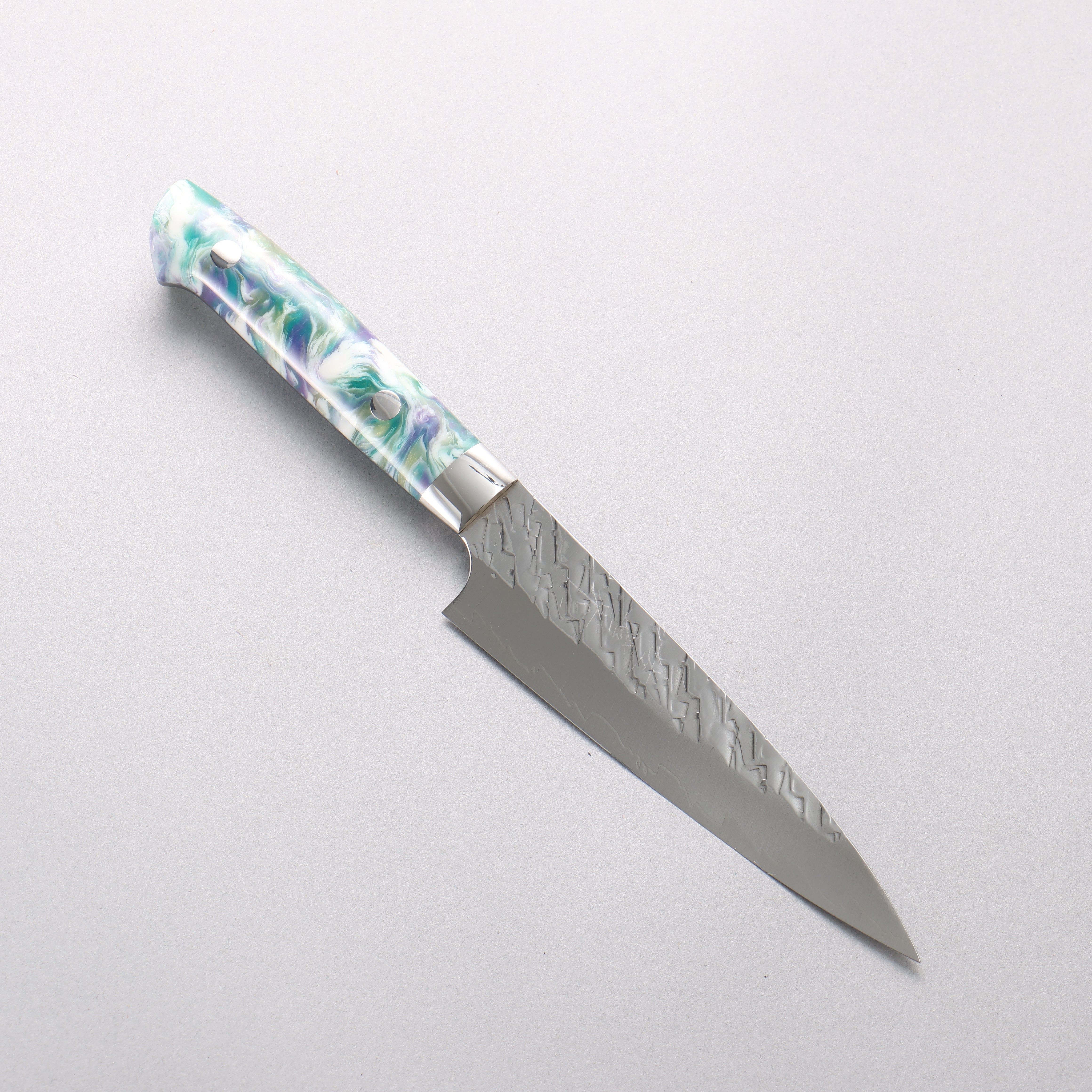 Takeshi Saji SPG STRIX Hammered Migaki Finished Petty-Utility 130mm White Green Purple Gray Acrylic Handle - Seisuke Knife