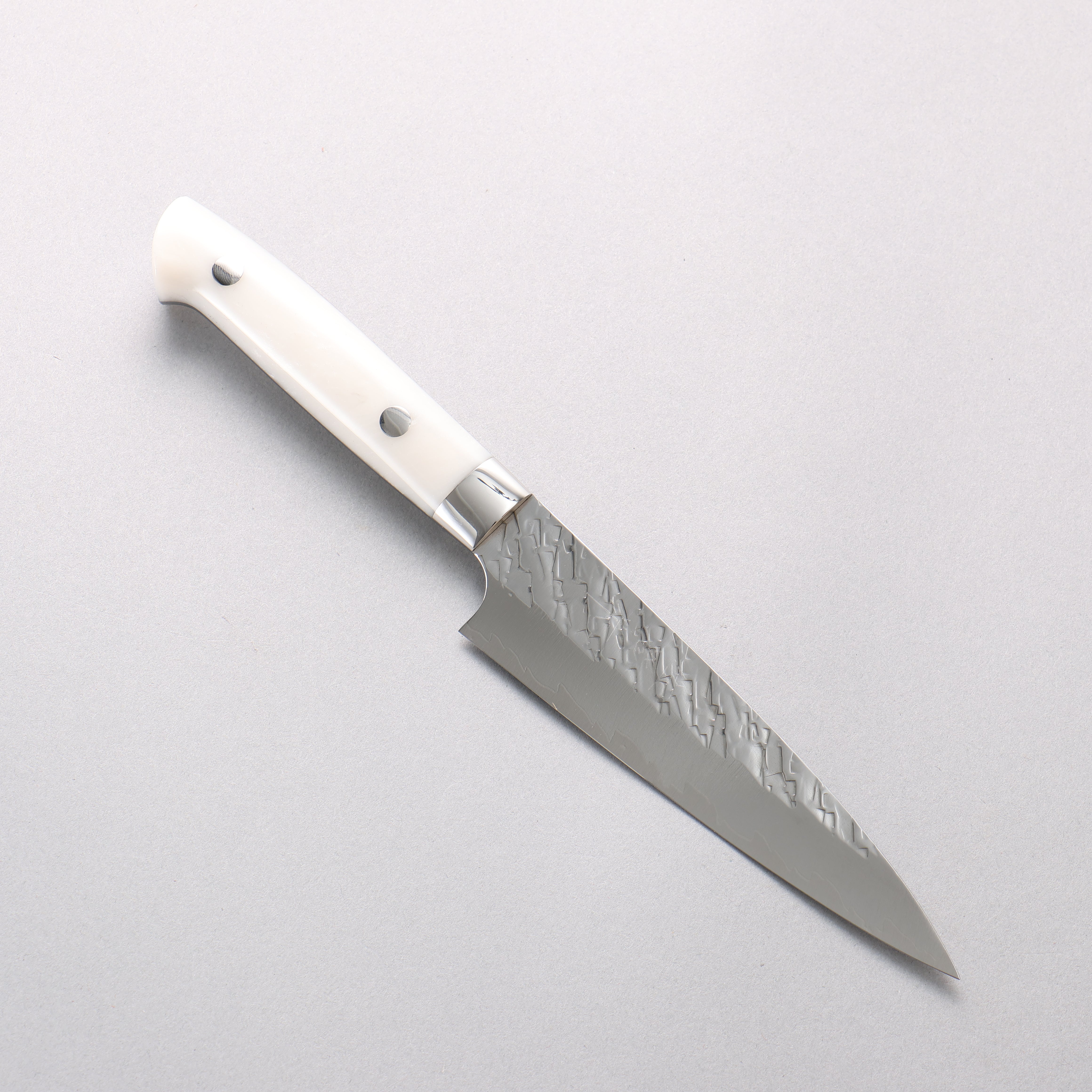 Takeshi Saji SPG STRIX Hammered Migaki Finished Petty-Utility 130mm White Acrylic Handle - Seisuke Knife