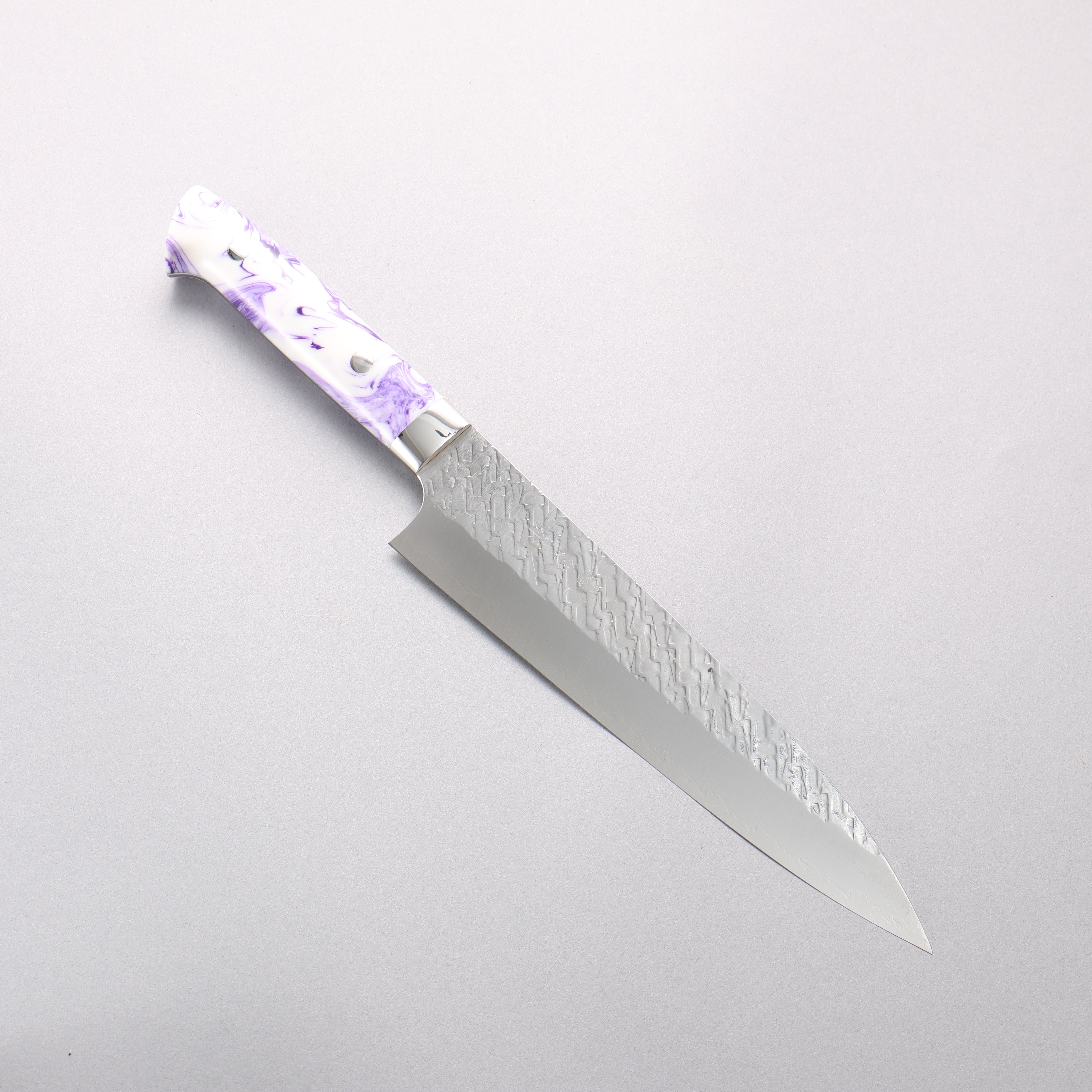 Takeshi Saji SPG STRIX Hammered Migaki Finished Gyuto 210mm Purple and White Marble Acrylic Handle - Seisuke Knife
