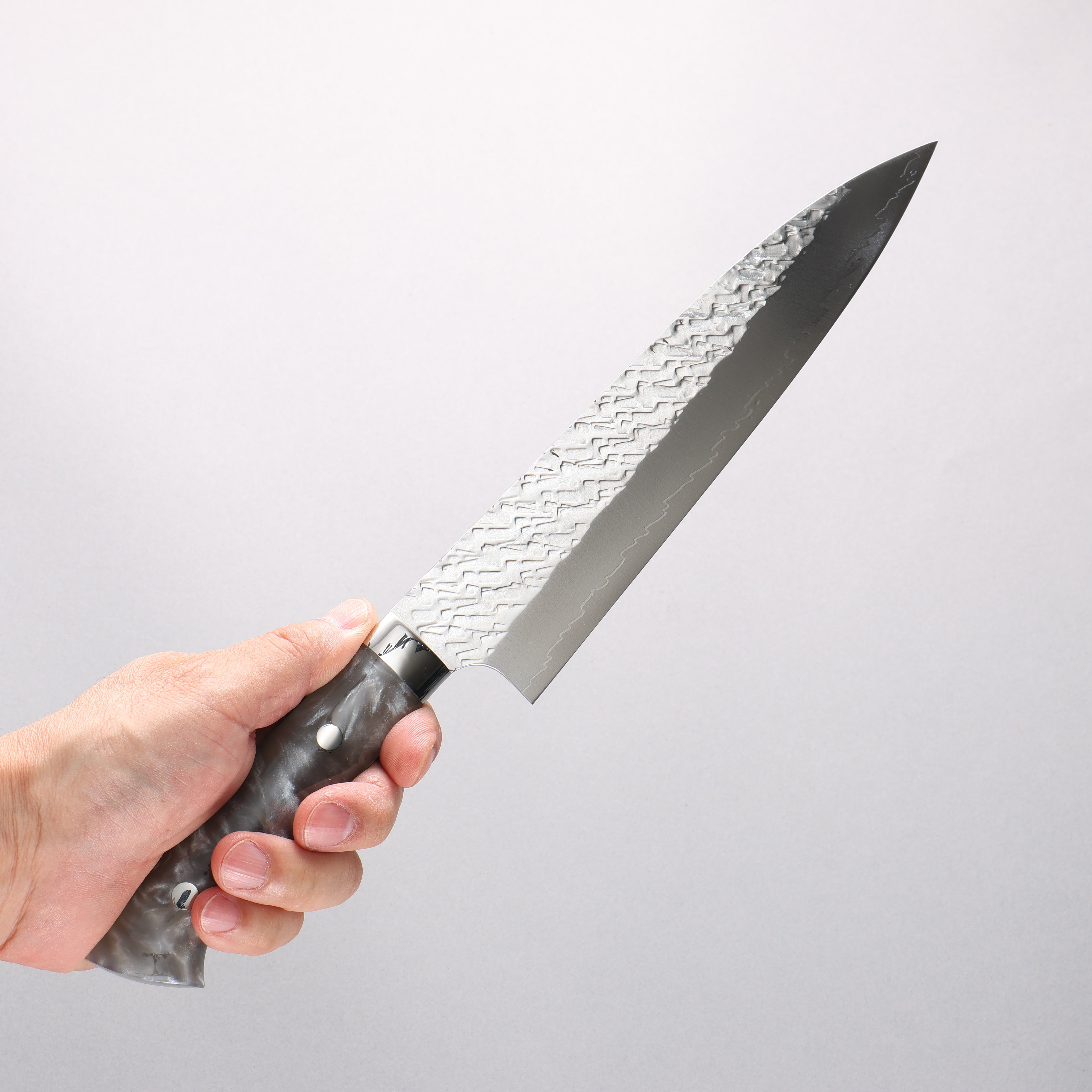 Takeshi Saji SPG STRIX Hammered Migaki Finished Gyuto 210mm Gray Acrylic Handle - Seisuke Knife
