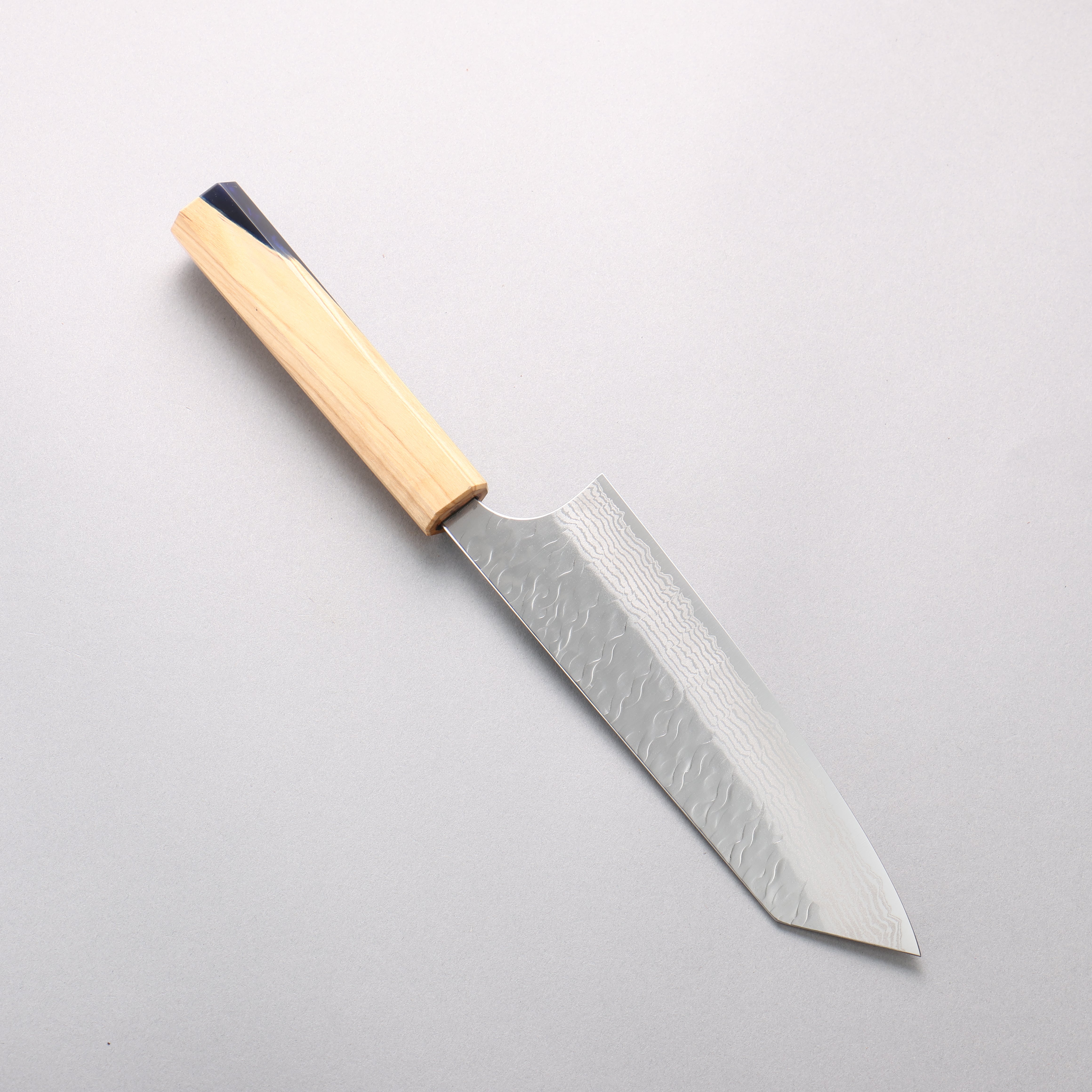 Yoshimi Kato Nami VG-XEOS Hammered Damascus Bunka 170mm Olive Tree and Blue Resin Handle - Seisuke Knife