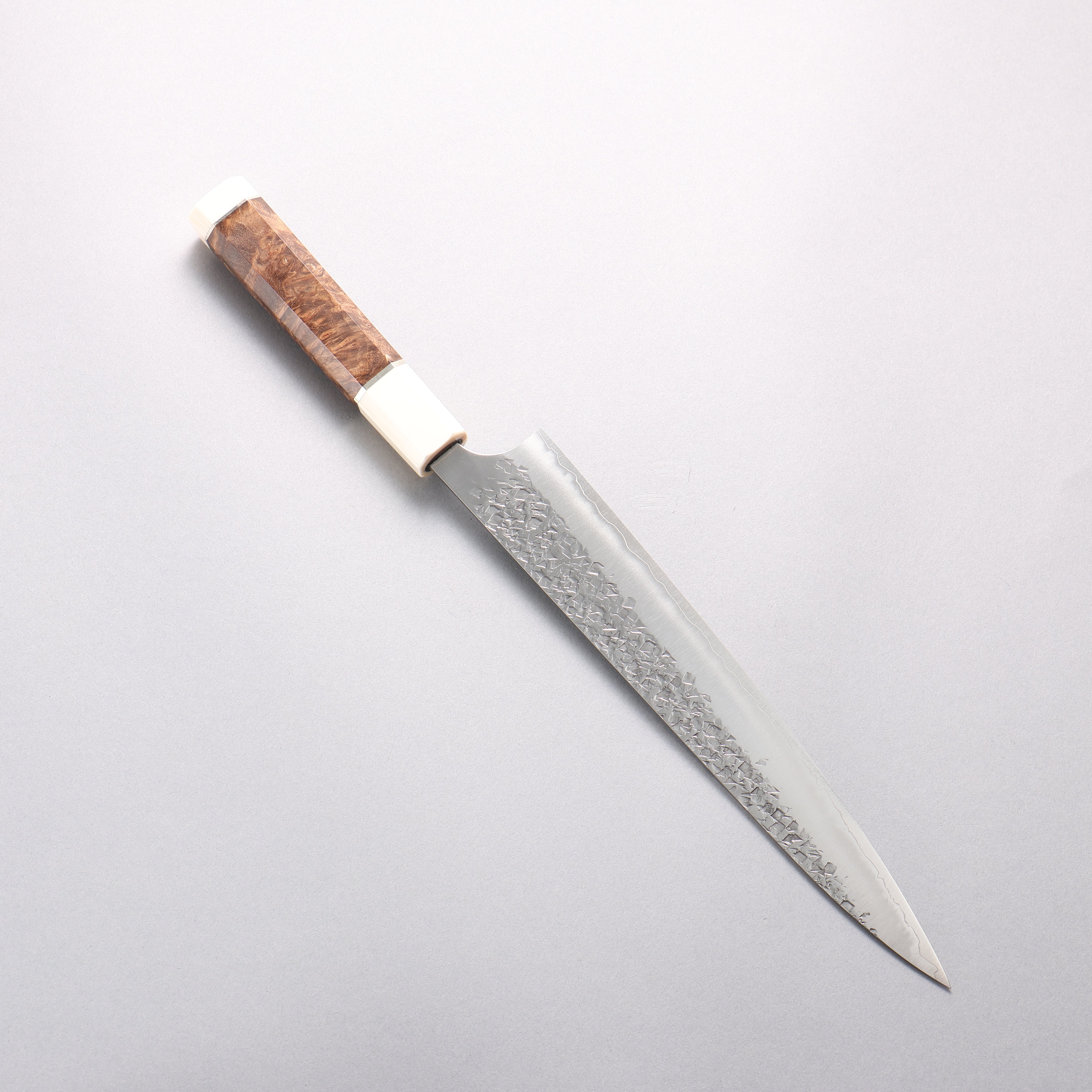 Yu Kurosaki Shizuku SG2 Hammered Sujihiki 240mm Chinese Quince Burl (White Ferrule and End Cap) Handle - Seisuke Knife
