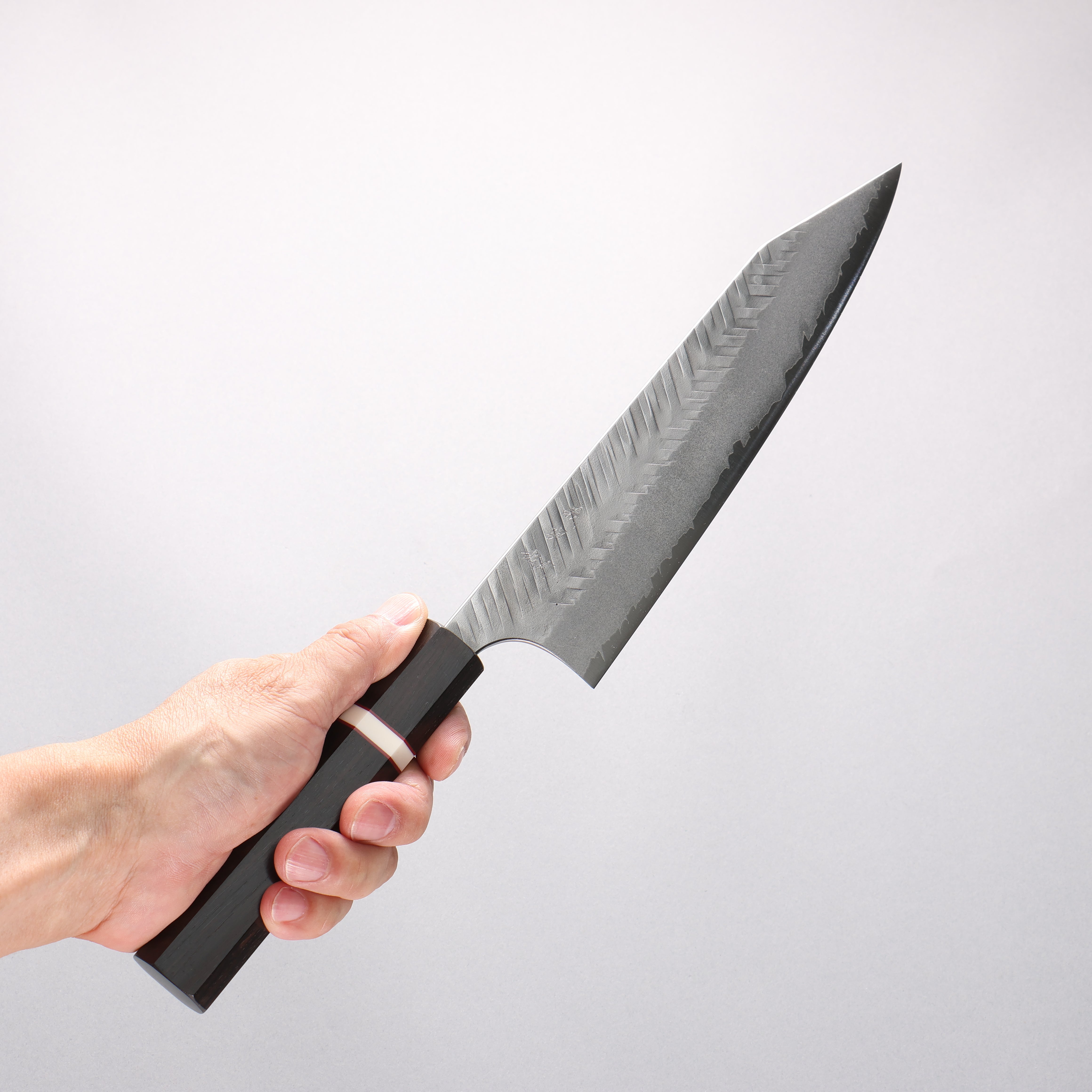 Yoshimi Kato Blue Super Nashiji Hammered (V) Kiritsuke Gyuto 210mm Ebony Wood(With White Ring) Handle - Seisuke Knife