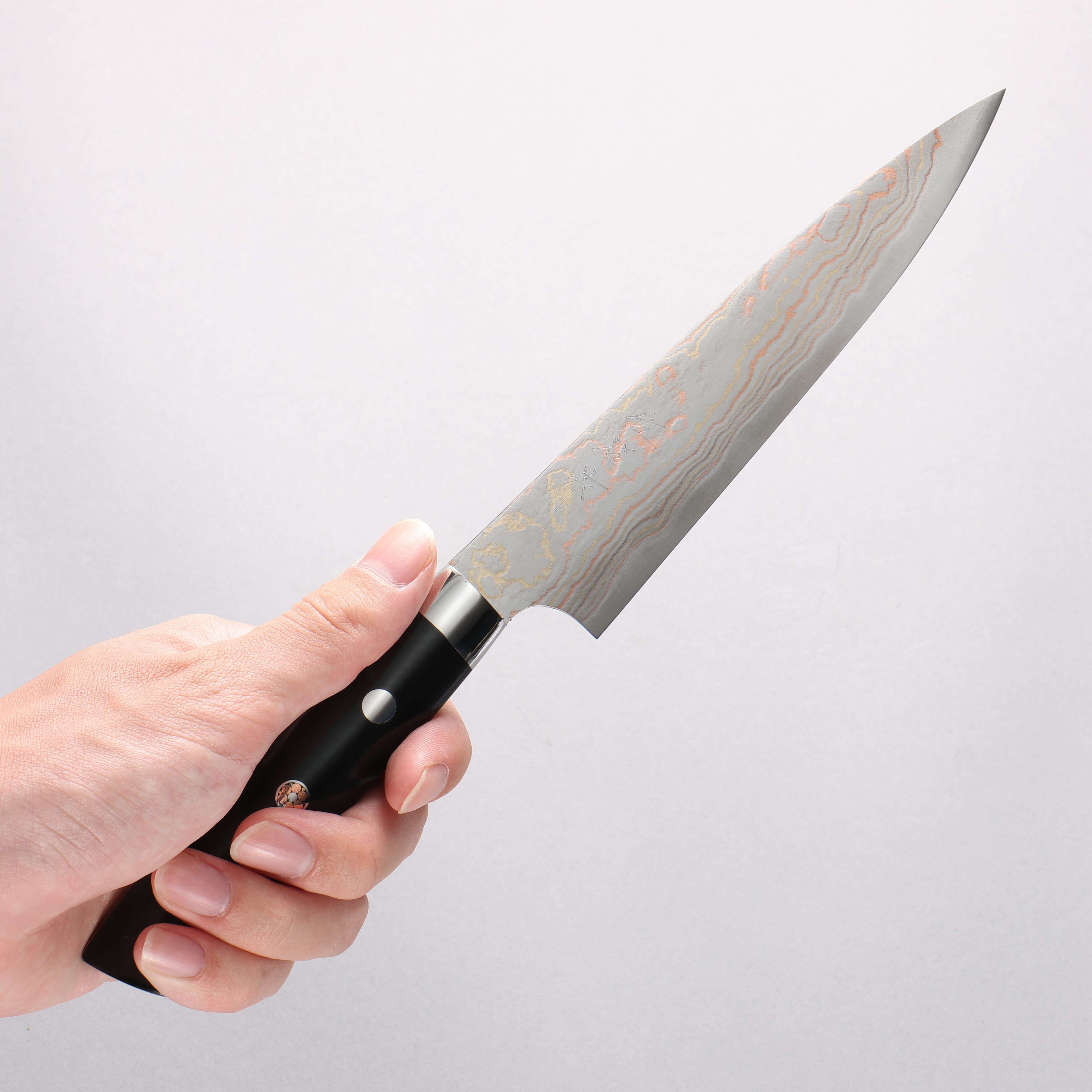 Takeshi Saji Blue Steel No.2 Colored Damascus Petty-Utility 150mm Black Micarta Handle - Seisuke Knife