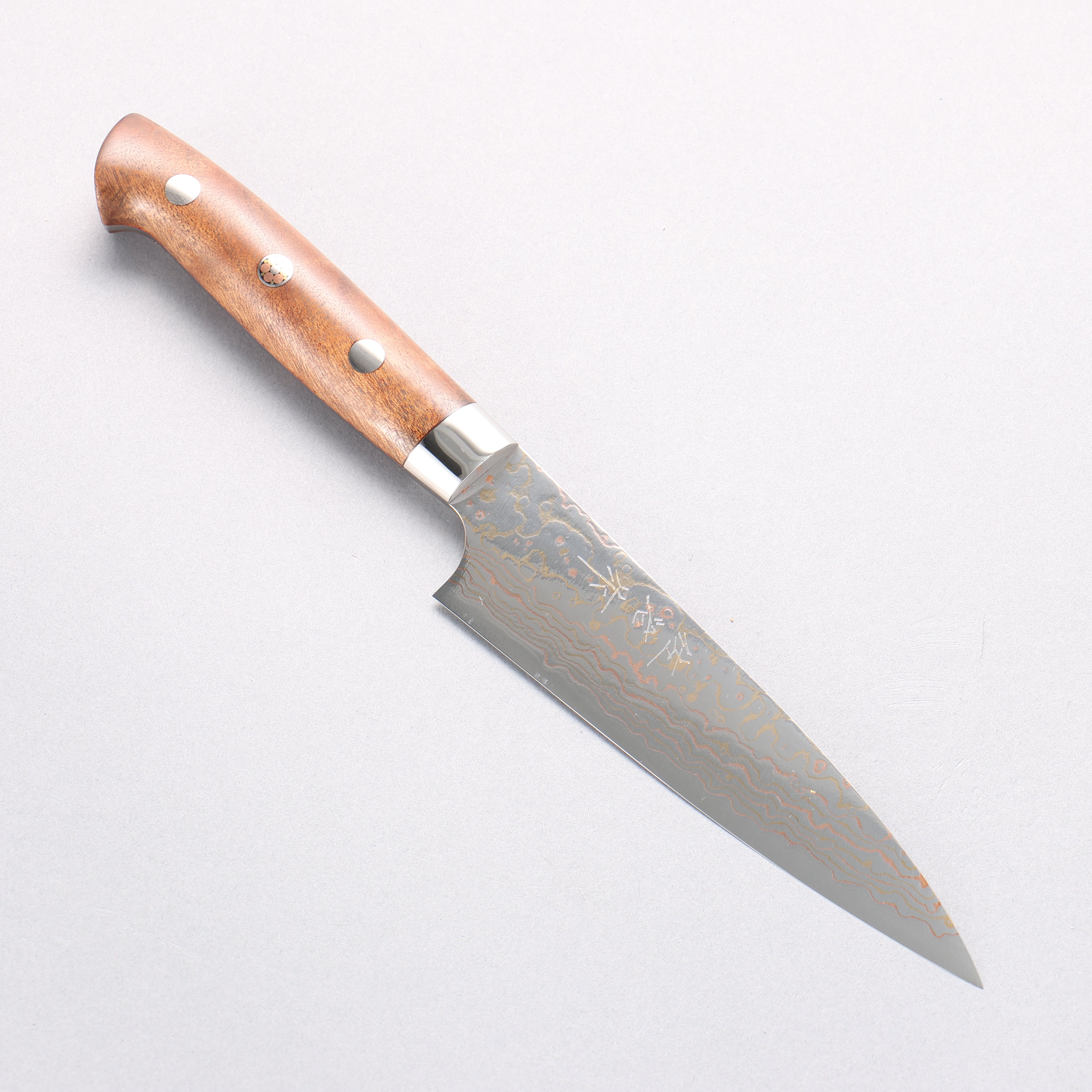 Takeshi Saji VG10w Colored Damascus Migaki Finished Petty-Utility 130mm Chinese Quince Handle - Seisuke Knife