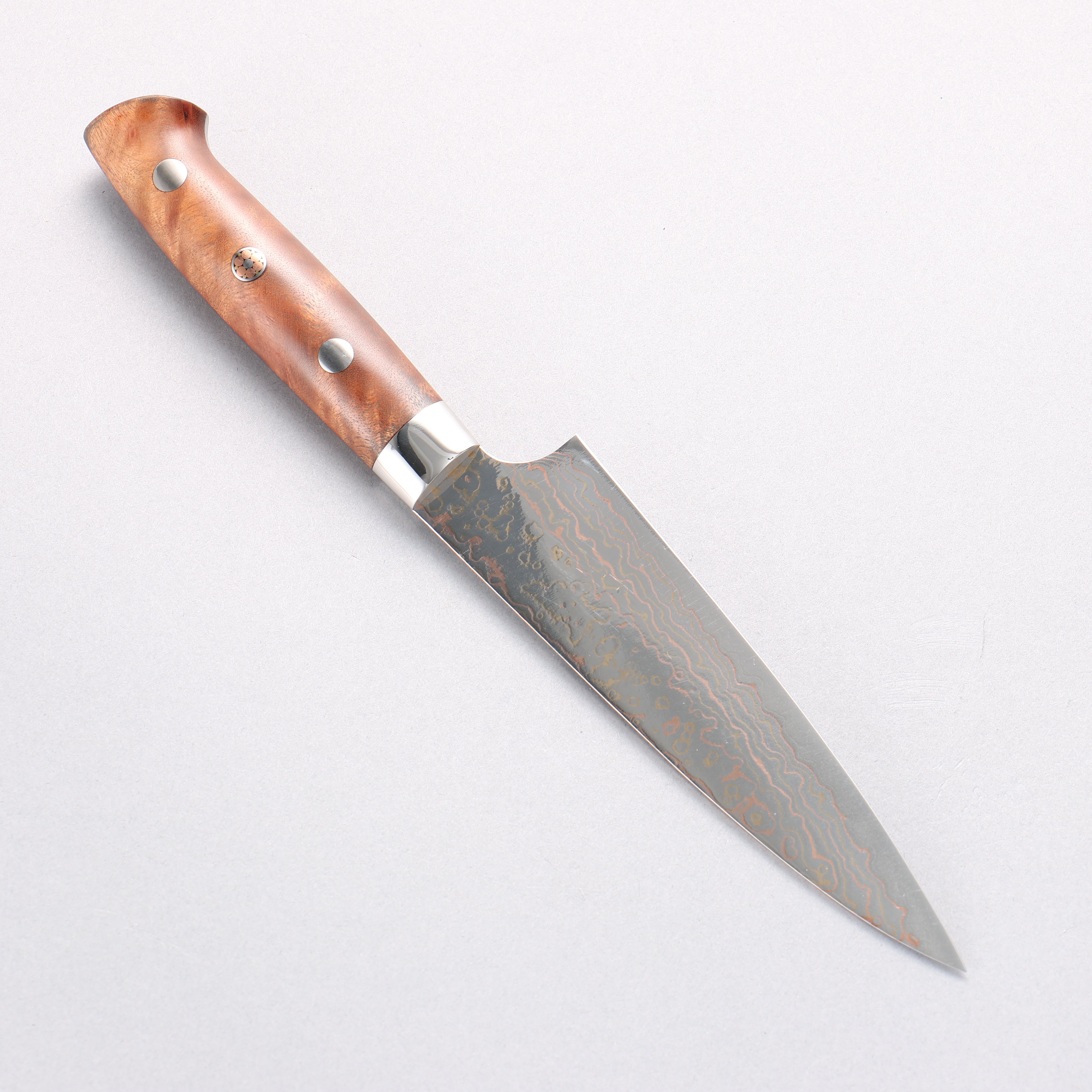 Takeshi Saji VG10w Colored Damascus Migaki Finished Petty-Utility 130mm Chinese Quince Handle - Seisuke Knife