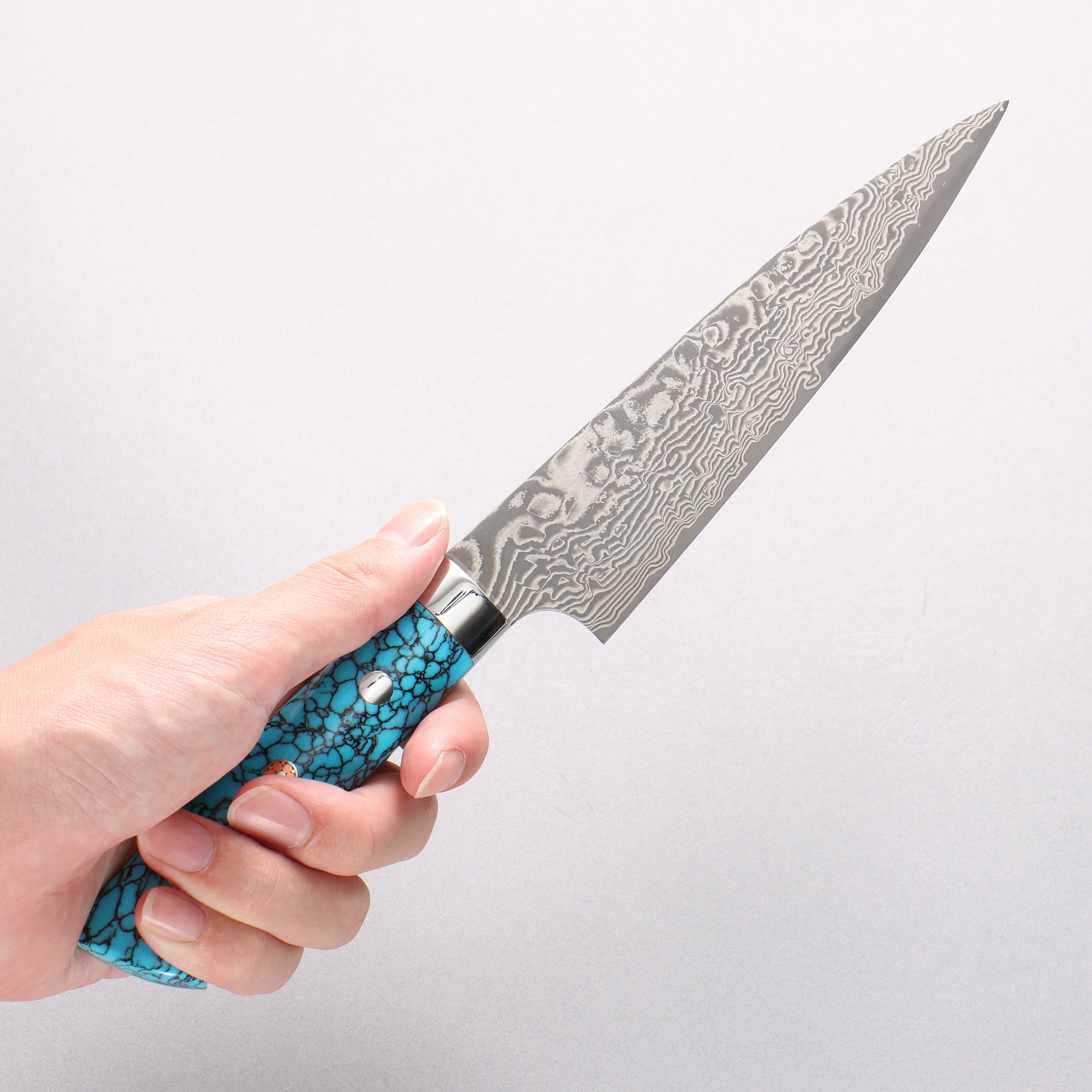 Takeshi Saji SG2 Diamond Finish Damascus Petty-Utility 150mm Blue Turquoise Handle - Seisuke Knife