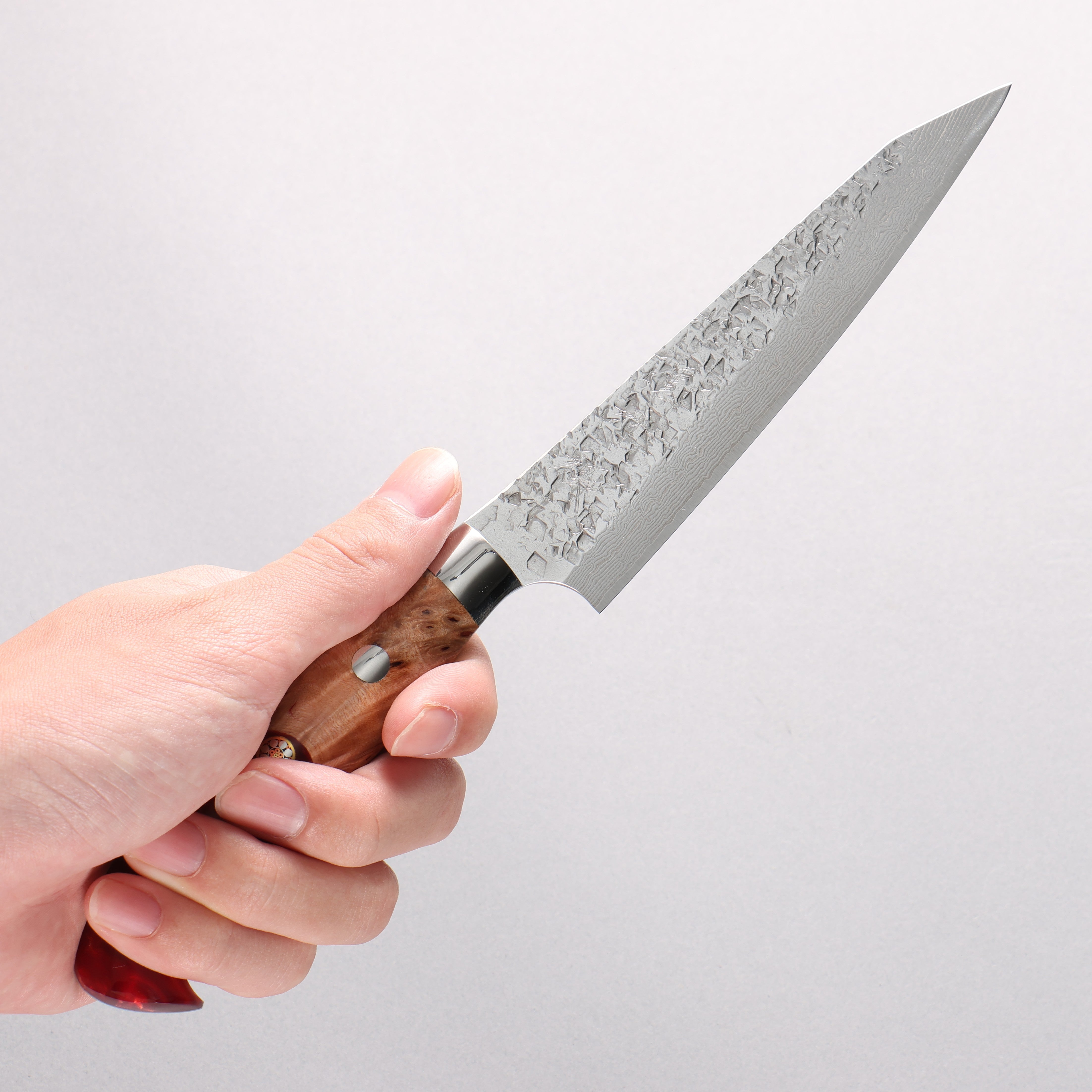 Yu Kurosaki Shizuku SG2 Hammered Damascus Kiritsuke Petty-Utility 130mm Red and Wood Pattern Acrylic Handle with Sheath - Seisuke Knife
