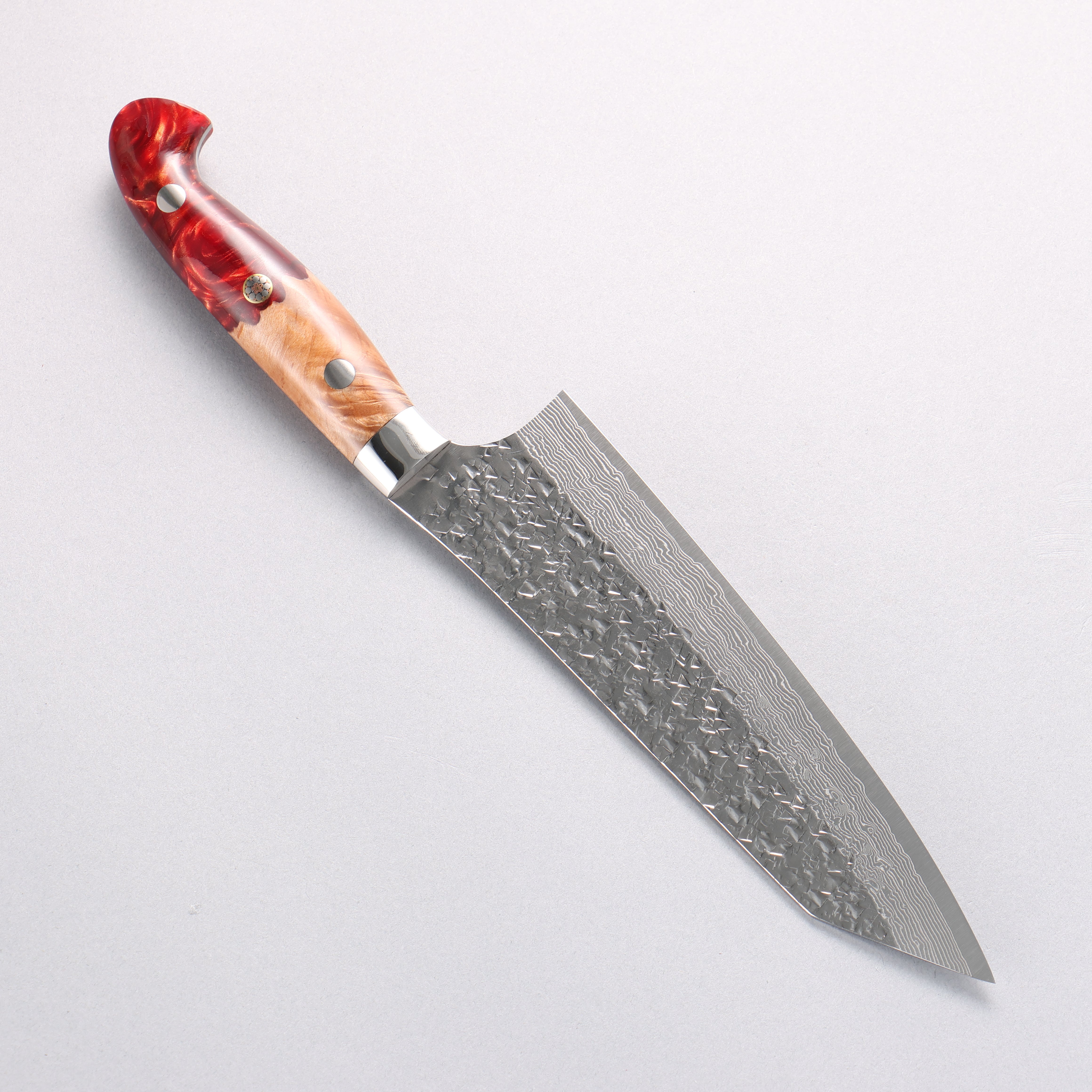 Yu Kurosaki Shizuku SG2 Hammered Damascus Bunka 170mm Red and Wood Pattern Acrylic Handle with Sheath - Seisuke Knife