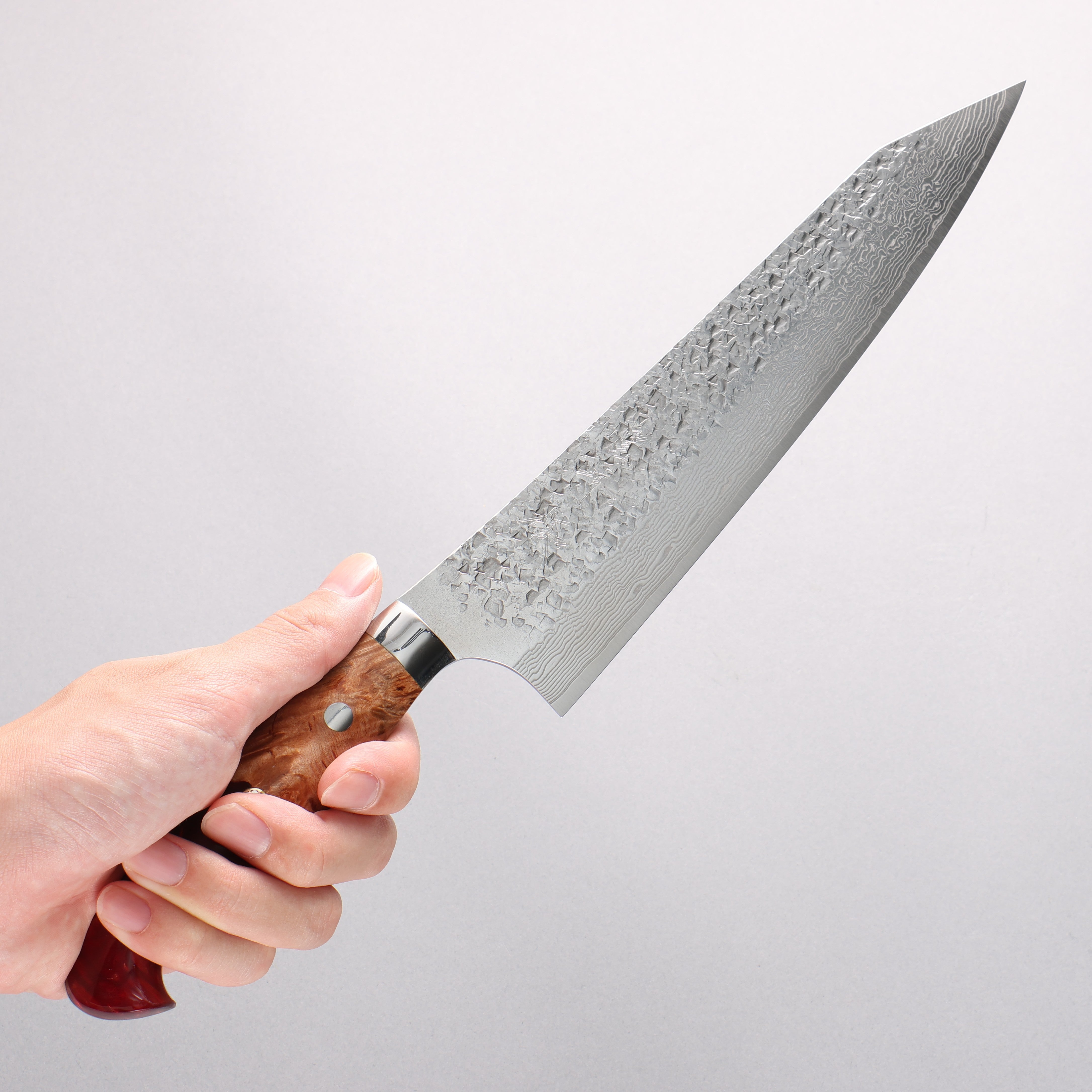 Yu Kurosaki Shizuku SG2 Hammered Damascus Kiritsuke Gyuto 210mm Red and Wood Pattern Acrylic Handle - Seisuke Knife