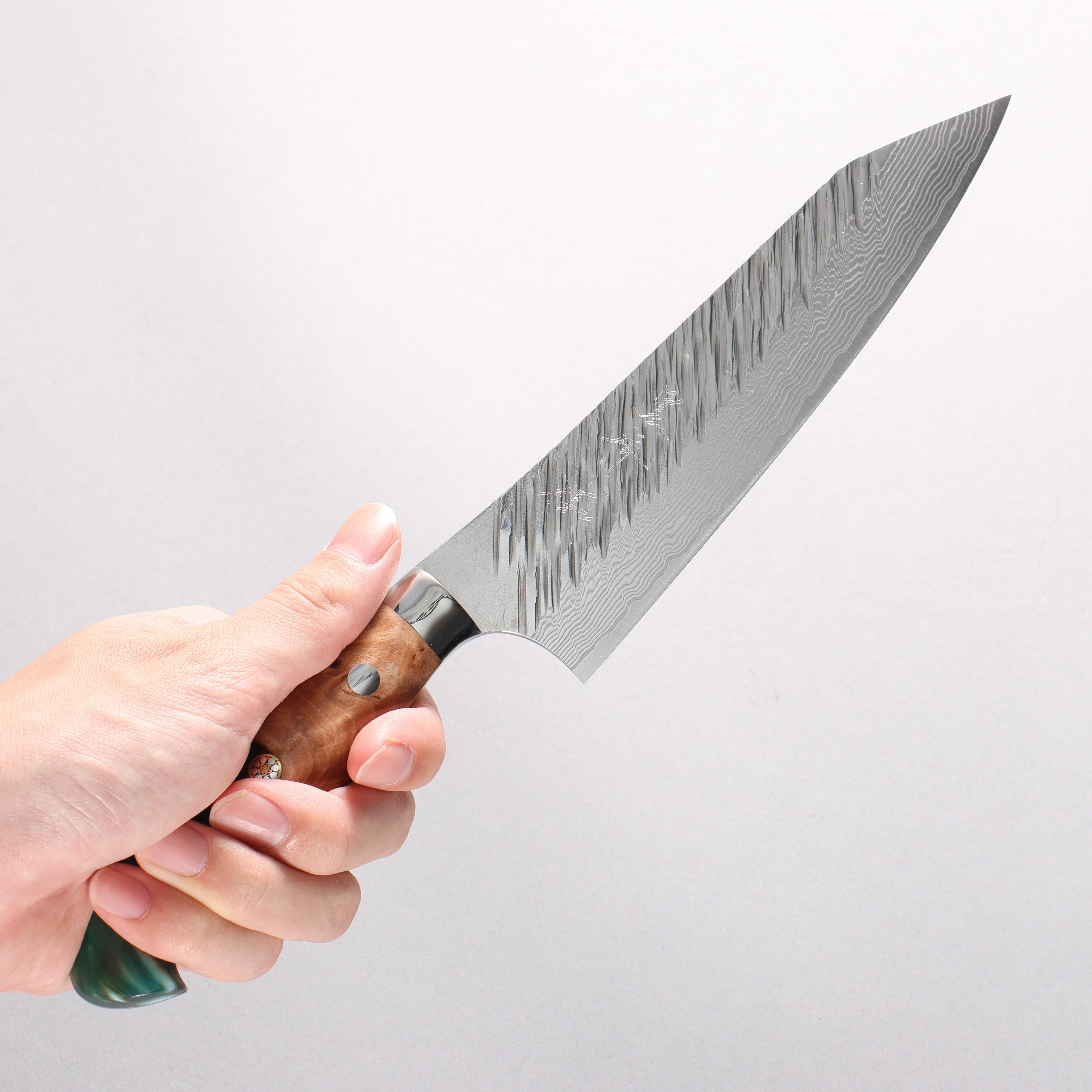 Yu Kurosaki Fujin SG2 Hammered Damascus Kiritsuke Gyuto 180mm Green and Wood Pattern Acrylic Handle - Seisuke Knife