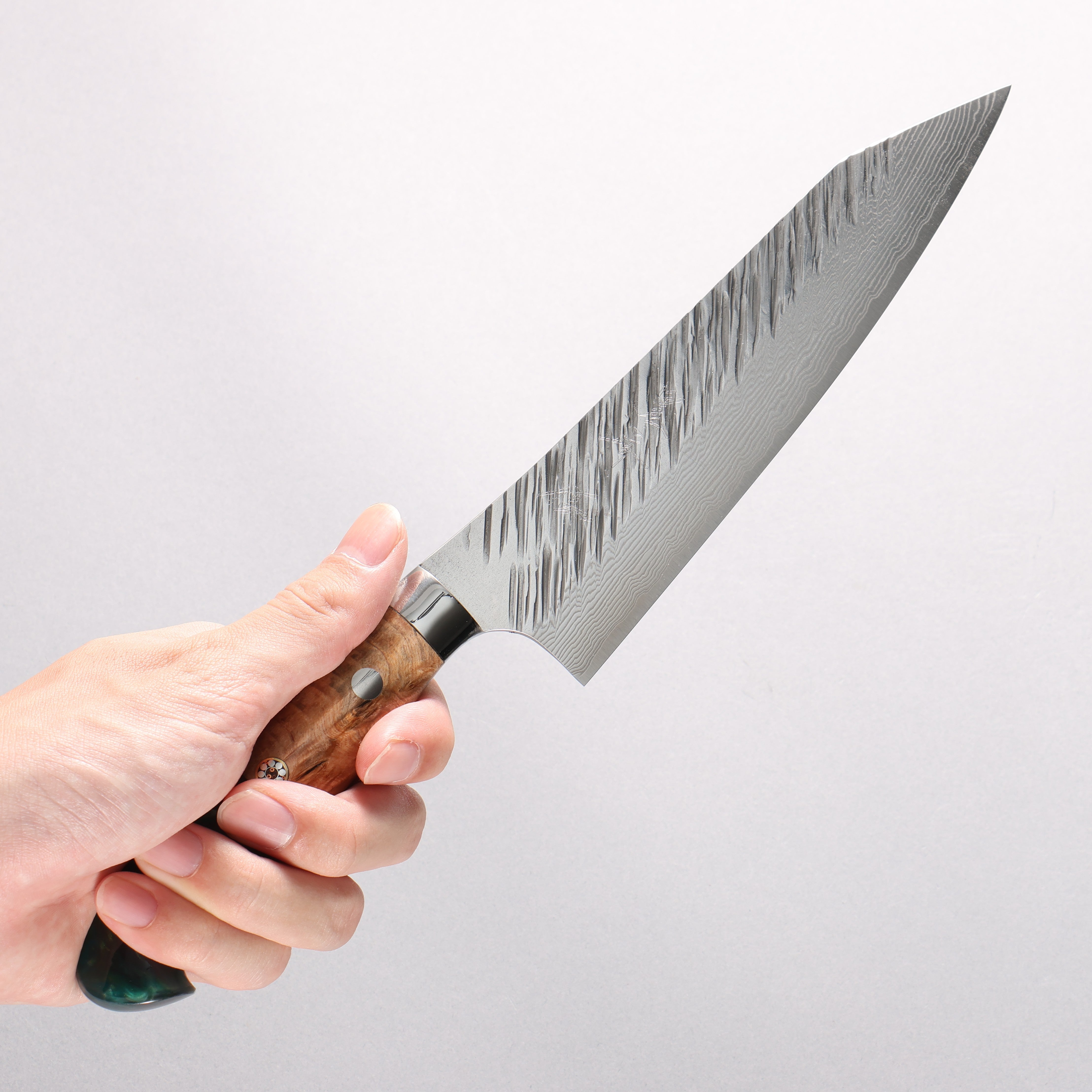 Yu Kurosaki Fujin SG2 Hammered Damascus Kiritsuke Gyuto 180mm Green and Wood Pattern Acrylic Handle with Sheath - Seisuke Knife
